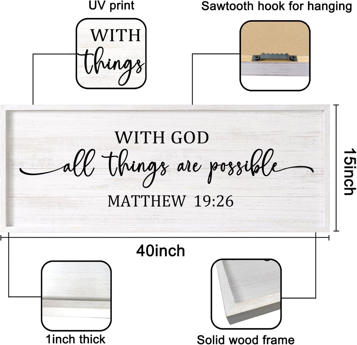 With God All Things are Possible Framed Wall Art, 40''×15'' Vintage Holy Religious Rustic Bible Verse for Christian God Jesus Christ Prayer, Positive Horizontal Inspirational Catholic Scripture Decor