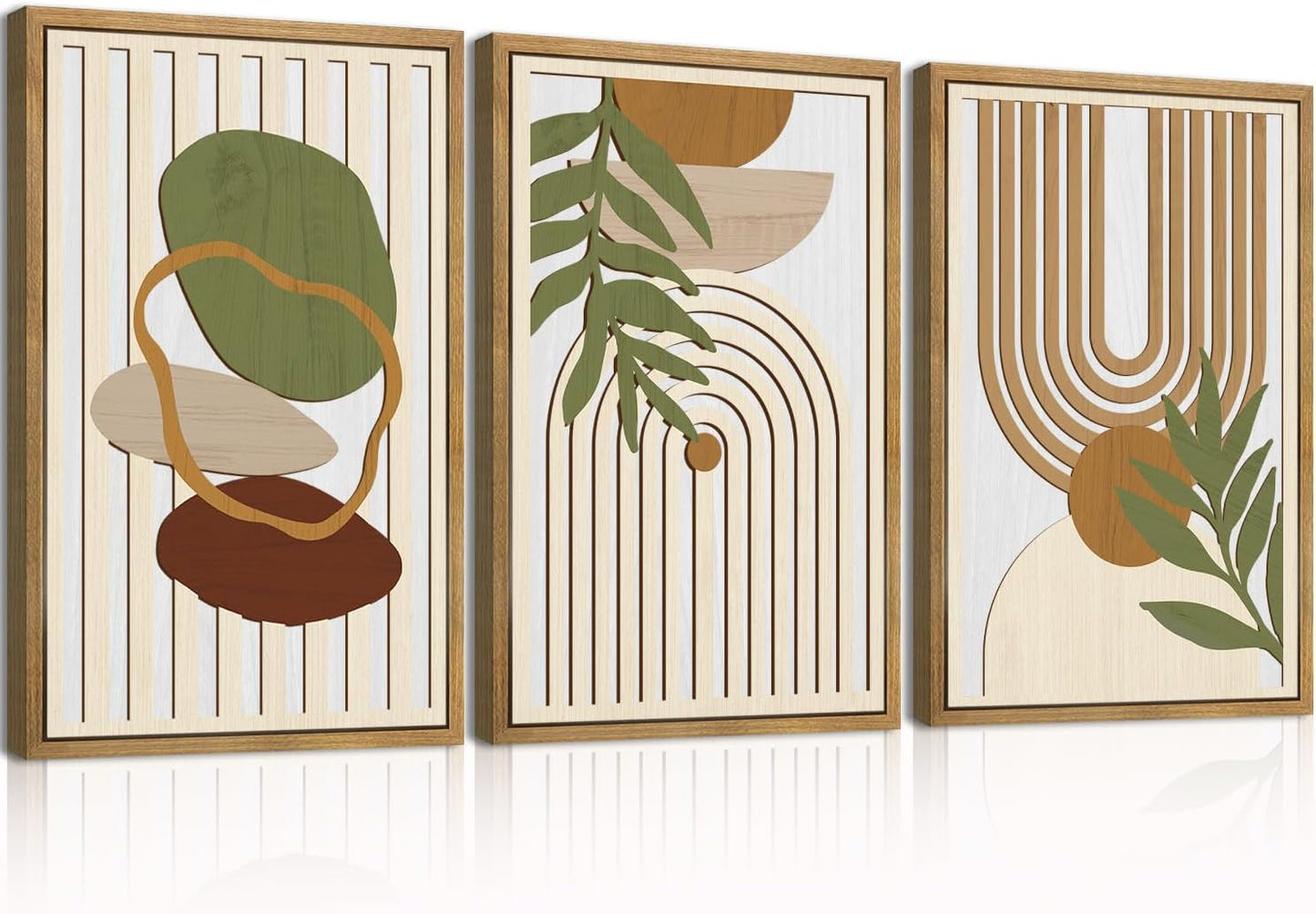 Large Sage Green Boho Wall Art Set Abstract Modern Geometric Wood Wall Decor Mid Century Neutral Artwork Bohemian Art Decor for Living Room Bedroom Office-16x24Inch x3