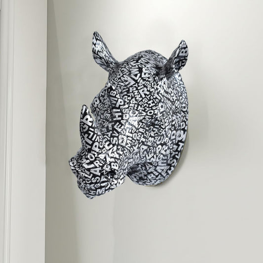Rhino Head Wall Mount Resin Safari Animal Sculpture, Modern Faux Decor for Living Room Bedroom Office Realistic Wildlife Art Bust Black