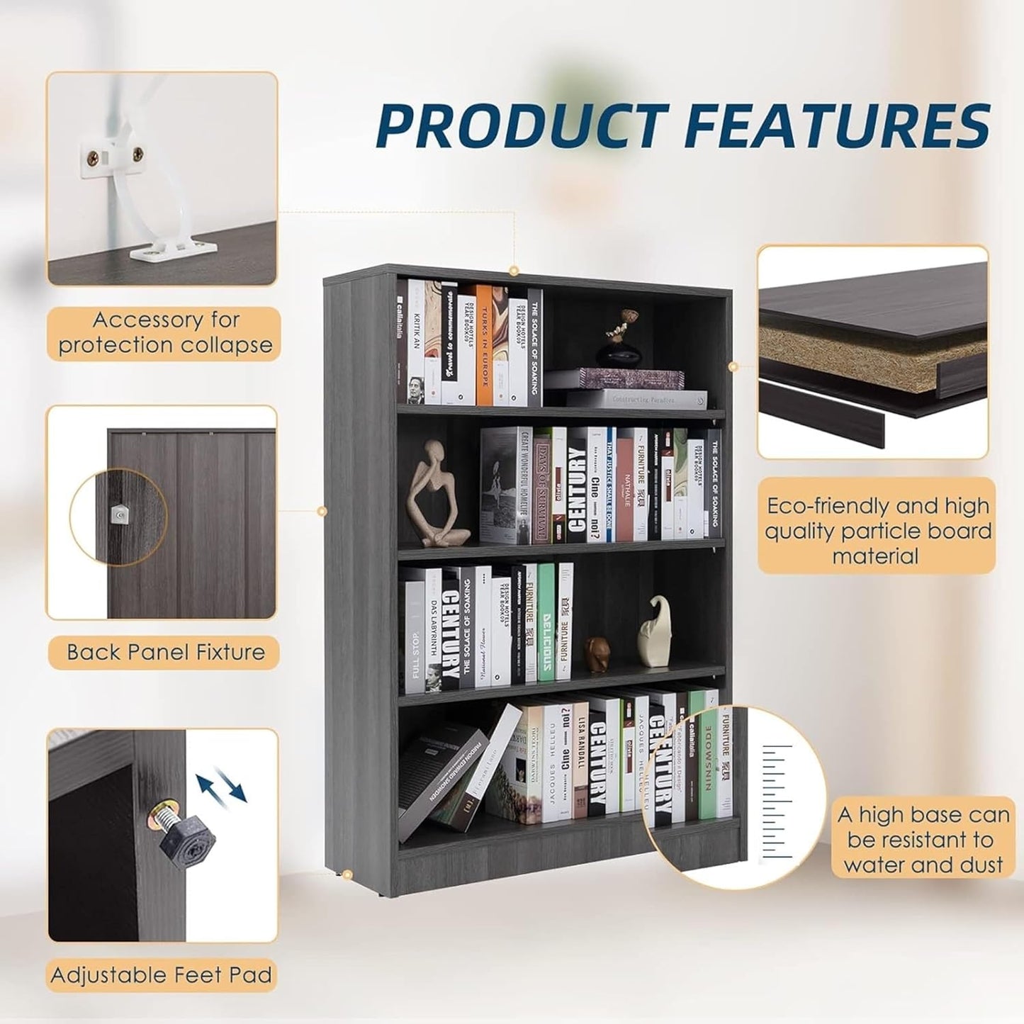 Bookshelf, Open Modern Bookshelf, 4 Shelf Bookcase with Freestanding Display Storage, Wooden Book Shelf for Bedroom, Living Room, Dinning Room, Office, 48 Inch, Gray