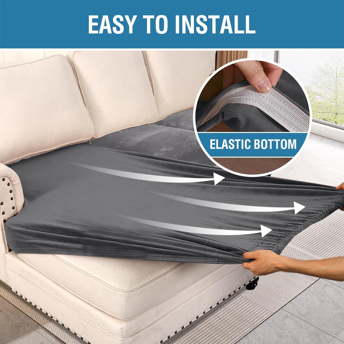 H.VERSAILTEX Velvet Stretch Sectional Sofa Covers - 4 Piece Seat Cushions for L Shape Sectional Couch (Large 3 Seater + 1 Chaise, Grey)