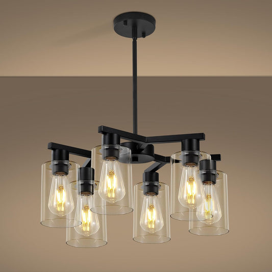 6-Light Black Modern Farmhouse Chandelier for Dining Room Ceiling Light Fixture with Clear Glass Shades, Adjustable Hanging Industrial Pendant Lighting for Living Room Kitchen Island Bedroom Entryway