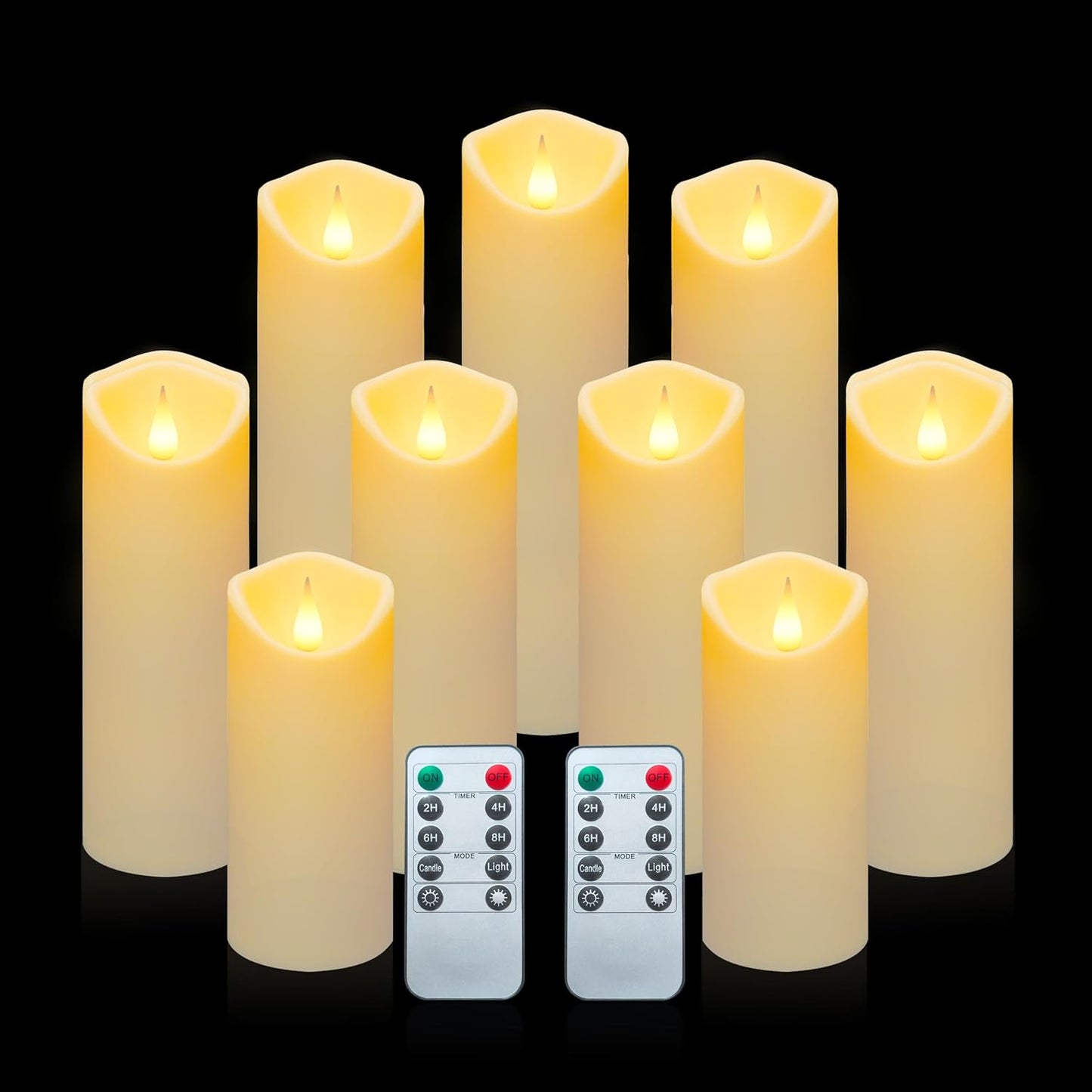 Aignis 9pcs Flameless LED Candles Battery Operated with 10-Key Remote & Timer, Indoor Heat Resistant, 3D Wick with Warm Flickering Glow for Cozy Home/Wedding/Holiday Décor (D 2.2" x H 5"/6"/7")