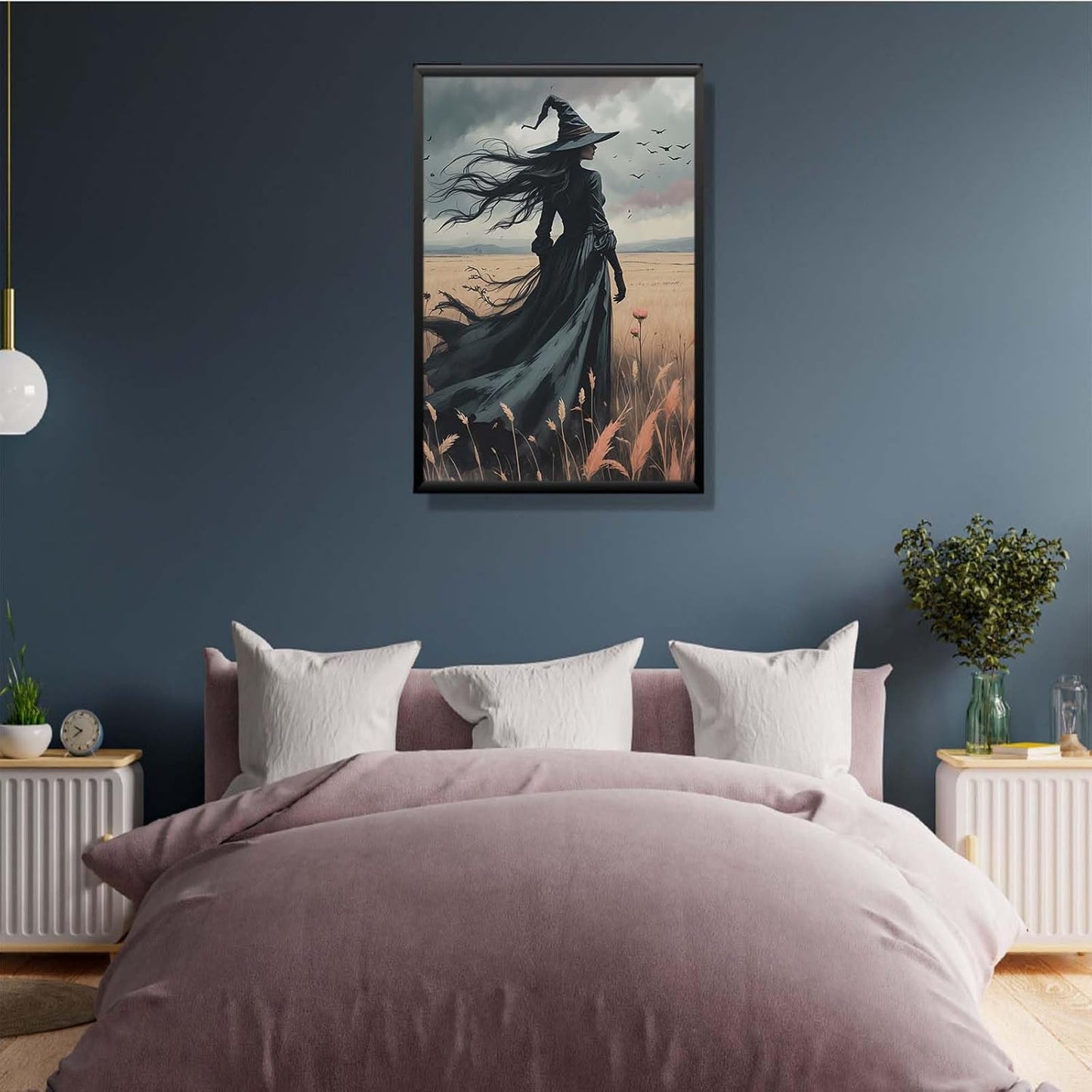 JFHCQJPK Gothic Decor Canvas Wall Art Witch in Rice Field Halloween Art Decor Print Nature Print Victorian Home Bedroom12x16in Metal blackFramed