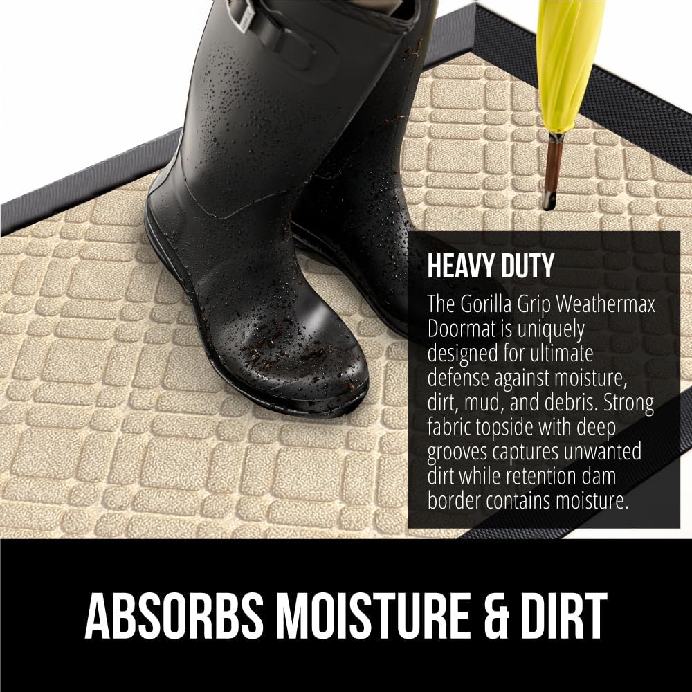 GORILLA GRIP 100% Waterproof All-Season WeatherMax Doormat 35x23, US Designed Natural Rubber, Stain and Fade Resistant, Low Profile Indoor Outdoor Door Mats, Easy Clean Patio Mat, Modern Latte