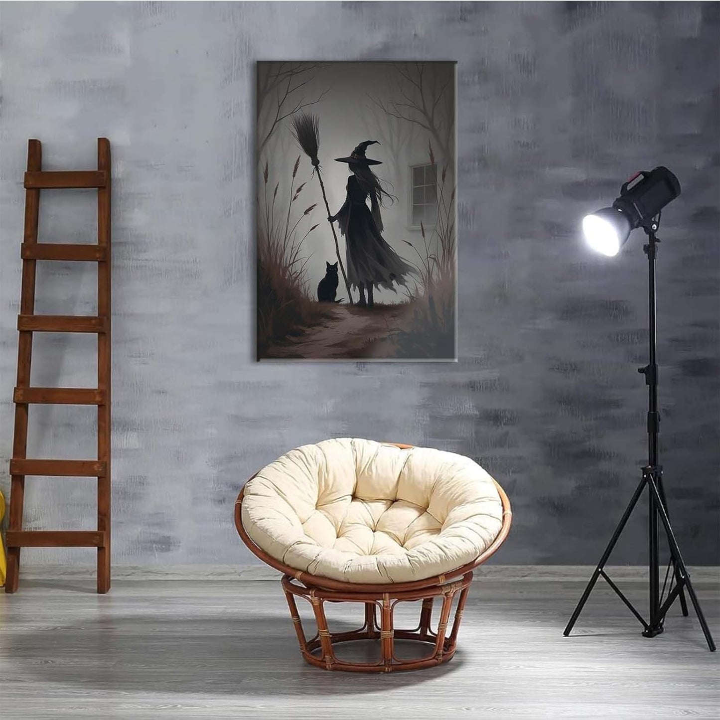 JFHCQJPK Vintage forest witch and black cat poster Halloween mural poster decoration mural art magic suitable for home living room bedroom8x12in Frameless