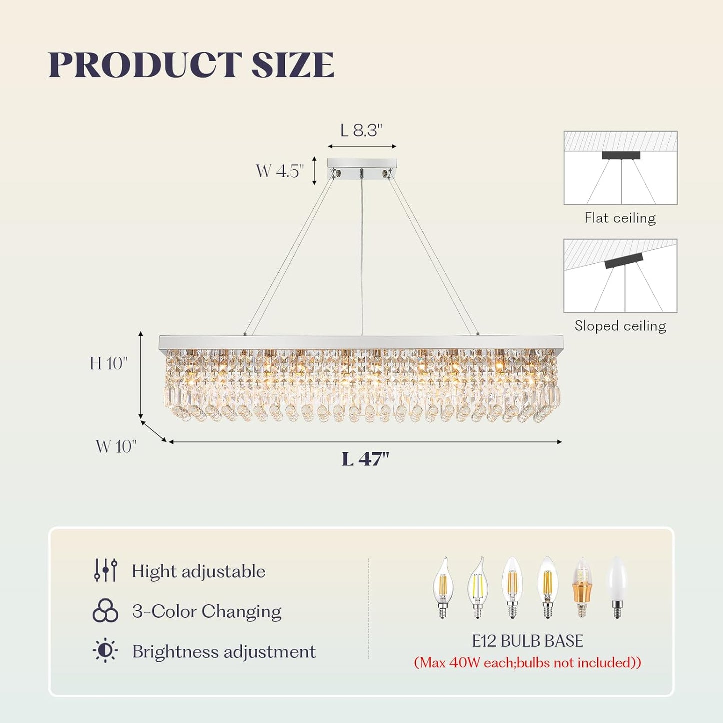 Rectangle K9 Crystal Chandelier,10 Lights Modern Rectangular Hanging Ceiling Pendant Light Fixture for Dining Room Kitchen Island,Polished Chrome Finish L47''xW10''xH10''