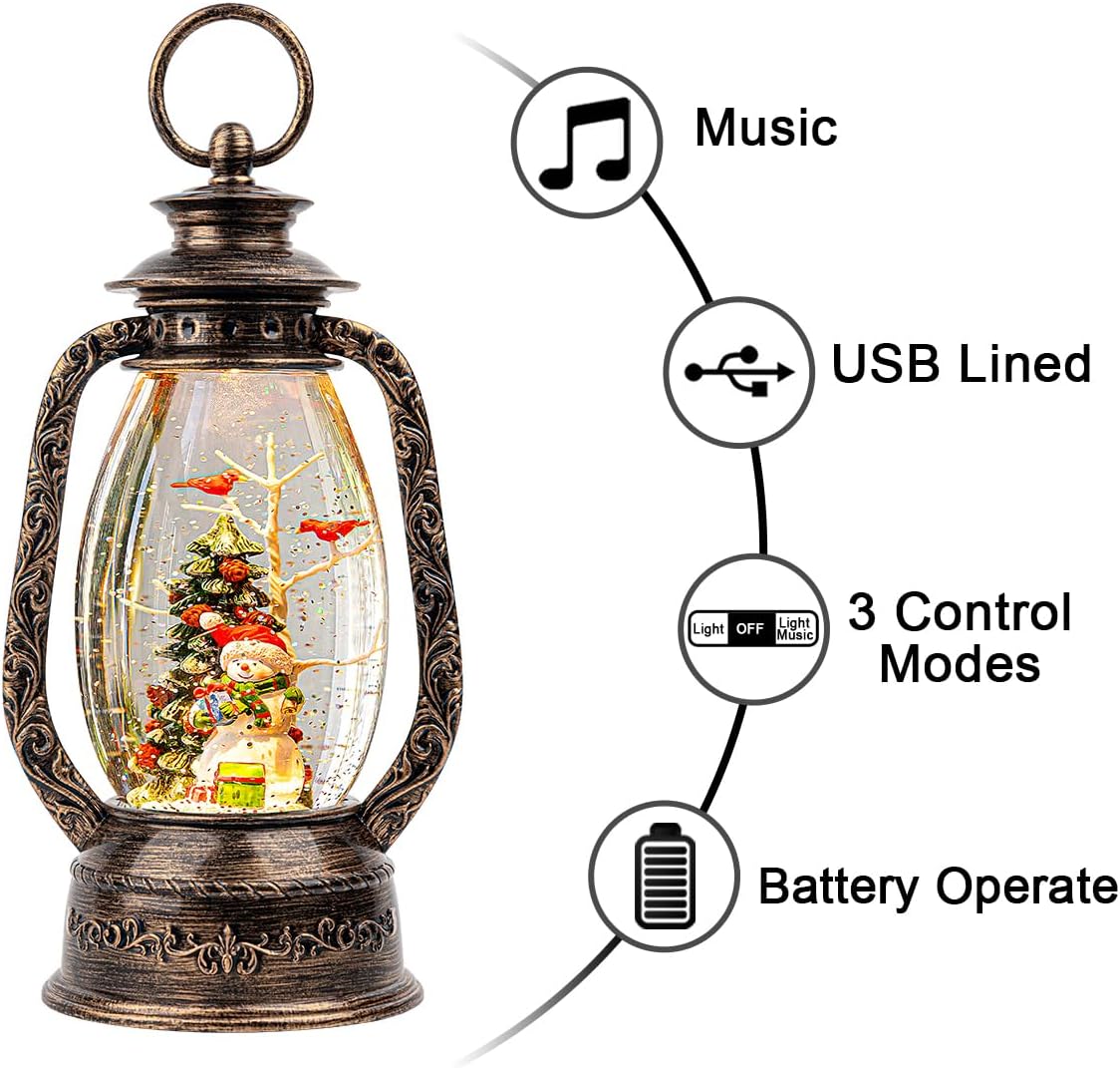 Christmas Snow Globe Lantern Water Glittering Snowman with Christmas Tree, USB Lined/Battery Operated Lighted Lantern for Christmas Festival Decoration Gifts