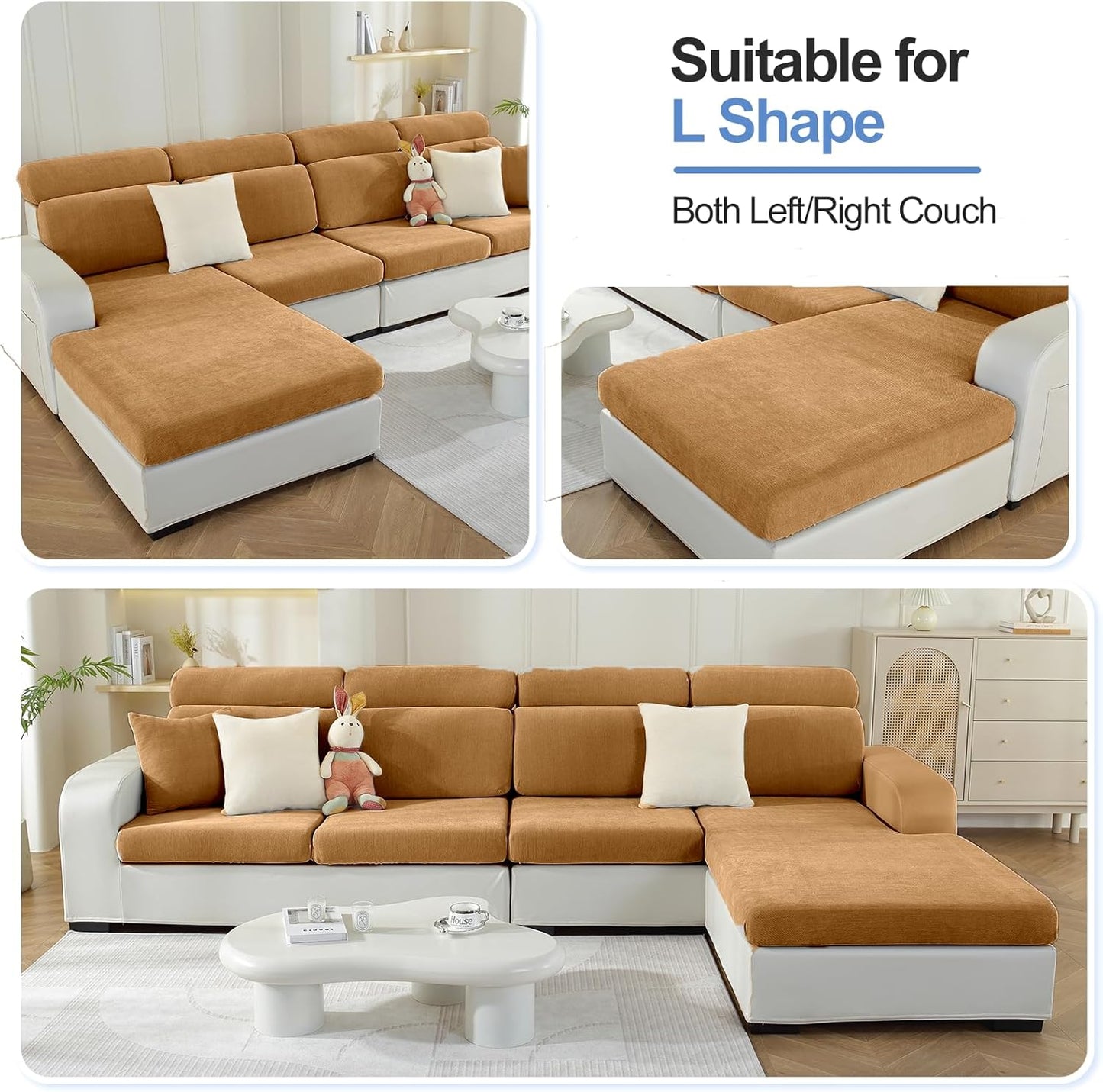 Sectional Couch Covers for L Shaped Sectional Sofa (Left or Right Facing) – Softer Chenille Sofa Covers Washable, Non-Slip Stretch Chaise Slipcover (Only 1PC Chaise Cushion Cover, Khaki)