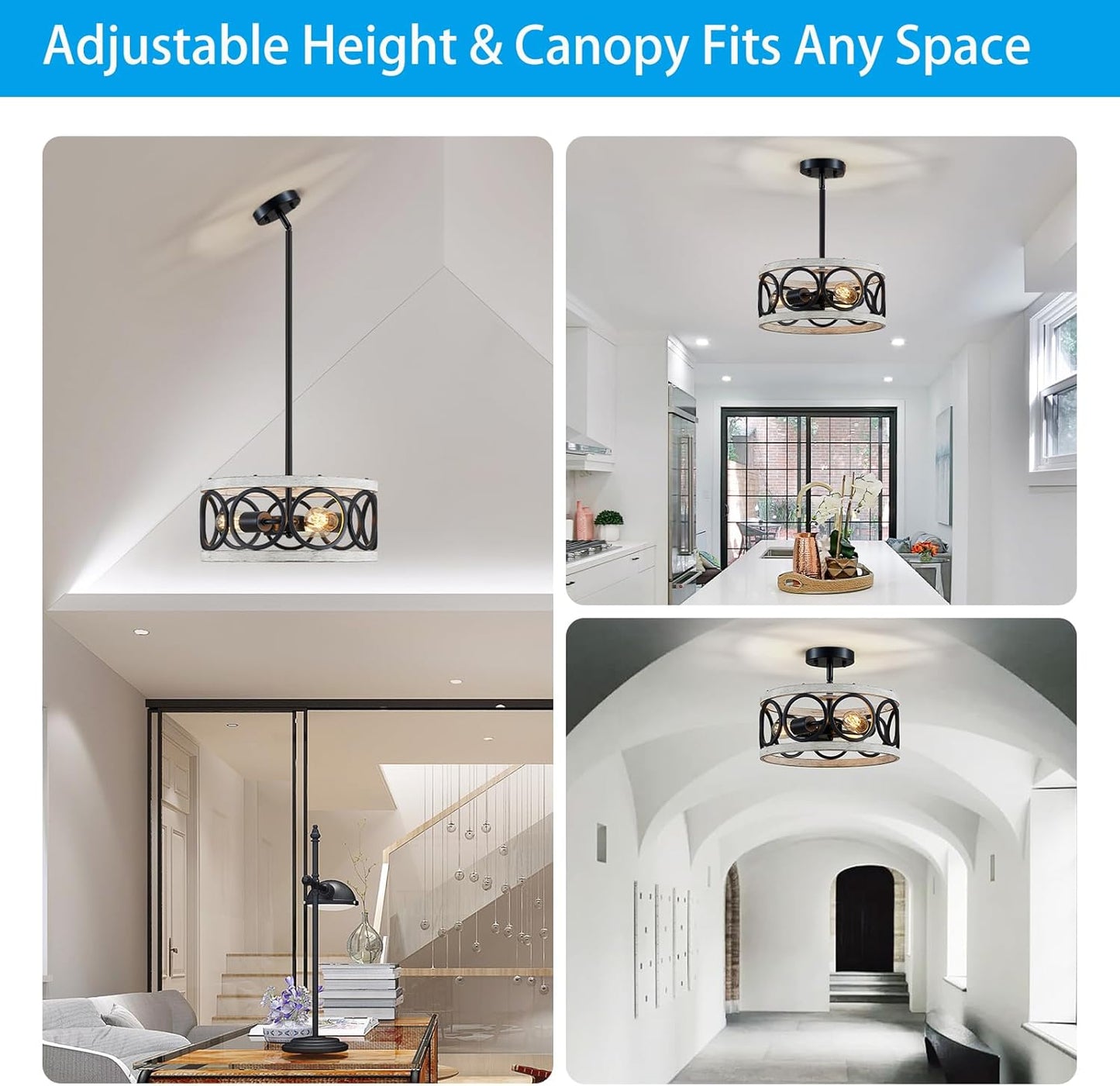 XINGQI White Chandelier 3-Light Modern Ceiling Light Rustic Wood Grain Adjustable Height Pendant Lighting Fixture 13" Round Metal Lamp for Dining Room Kitchen Bedroom Foyer Hallway