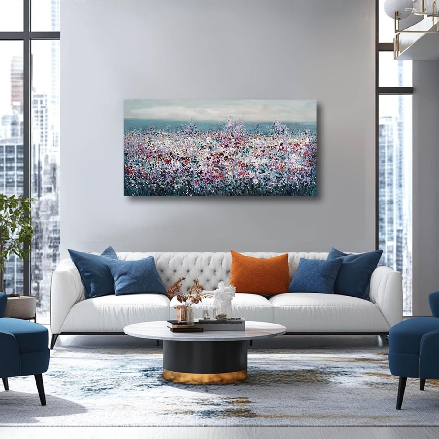 CHUDANHAO Purple and White Wildflowers Wall Paintings Ocean Wall Decor for Bedroom Seascape Painting Art Dining Room Hotel Decorations 24"x48"