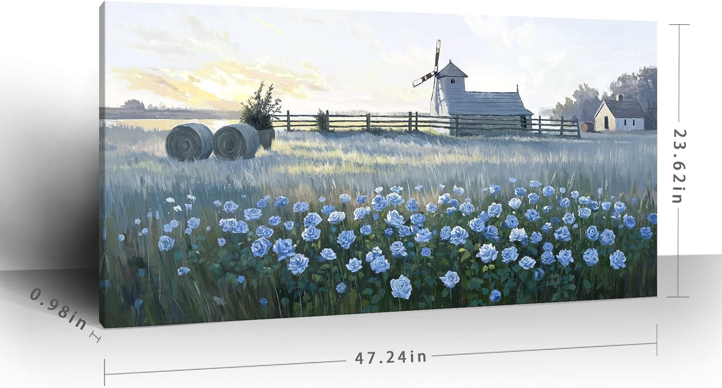 amatop Large Rustic Canvas Wall Art – Farmhouse Blue Rose and Windmill Landscape Picture, Nature Country Floral Sunset Wall Decor for Living Room Bedroom, Countryside Botanical Artwork Print 48x24 Inch