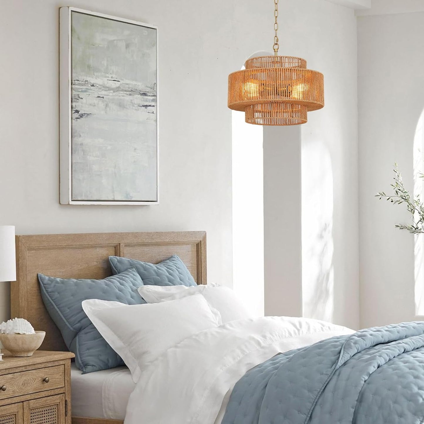 17.7" Boho Rattan Chandelier Light Fixture 4-Light Hand-Woven Bamboo Vintage Farmhouse Chandelier Drum Wicker Golden Chandeliers for Dining Room, Kitchen Island, Bedroom, Foyer