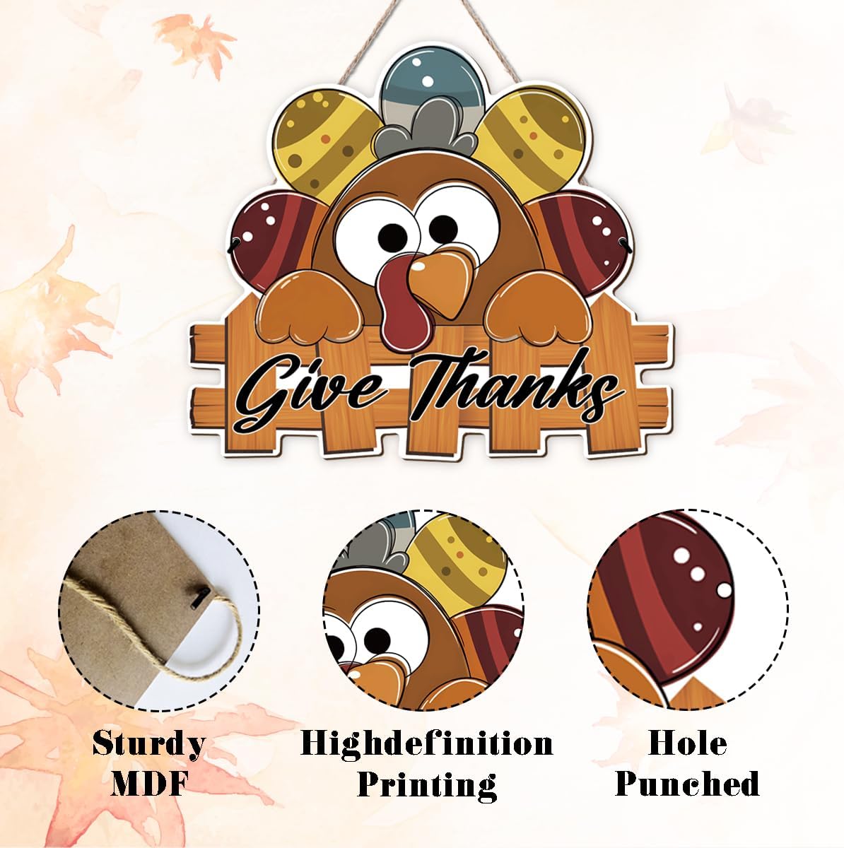 Give Thanks Sign Turkey Front Door Decor Thanksgiving Day Wood Door Hanger, Fall Wooden Thankful Wreath Hanging Decoration for Outdoor Outside Porch, Housewarming Gift