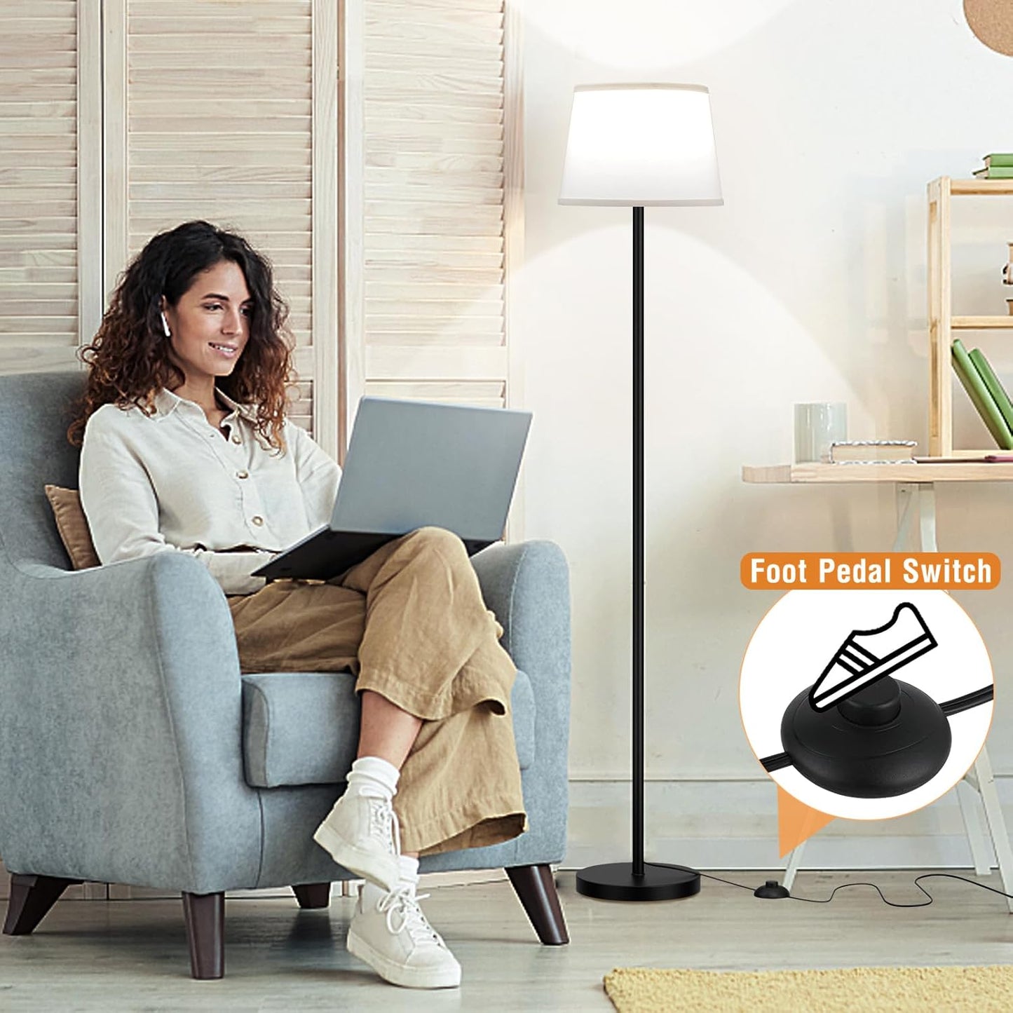Floor Lamps for Living Room - 3 Color Temperatures Standing Lamp with White Shade, Modern Floor Lamp with LED Bulbs, Black Tall Lamp for Bedroom Office(9W Bulb Included)