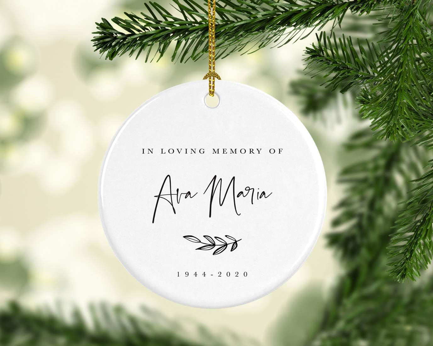 Andaz Press Personalized Round Ceramic Porcelain Christmas Ornament Keepsake Collectible Beareavement Memorial Gift, in Loving Memory of Ava Maria Carter 1944-2024, Antique Handdrawn, 1-Pack, Custom
