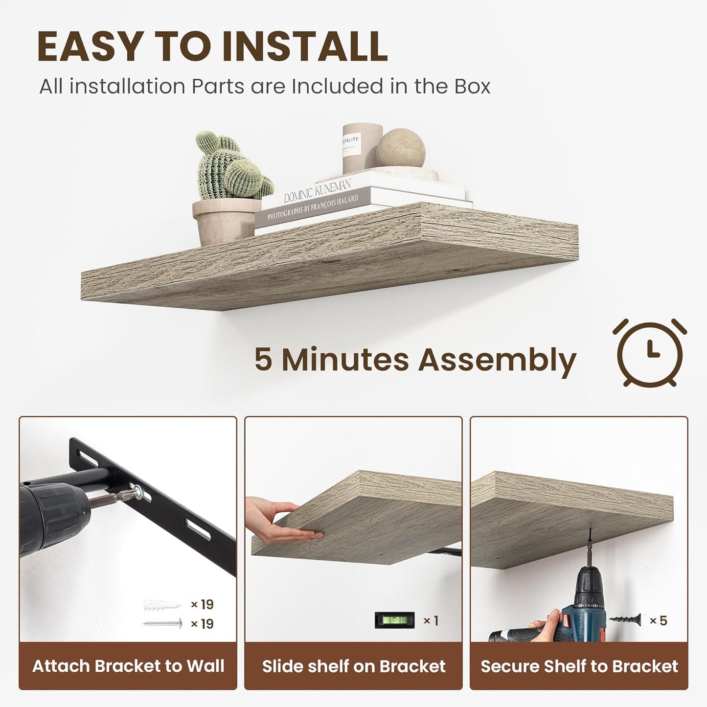 48 Inch Floating Shelves, 12 Inch Deep Floating Shelves for Wall, Floating Shelf with Invisible Brackets, 12 inch Deep Wall Shelves for Bathroom, Bedroom, Living Room, Vintage Gray Oak