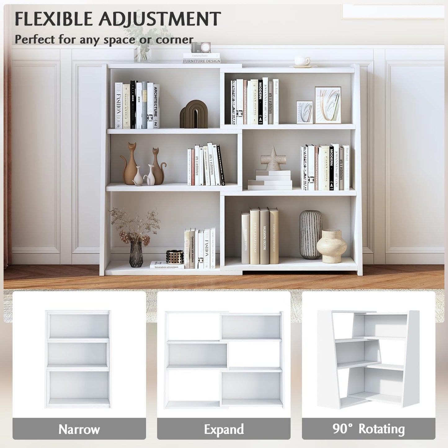 IOTXY Wooden Extendable Shelf Bookcase - 3-Tier Ladder Low Short Bookshelf for Small Space or Corner, White, S