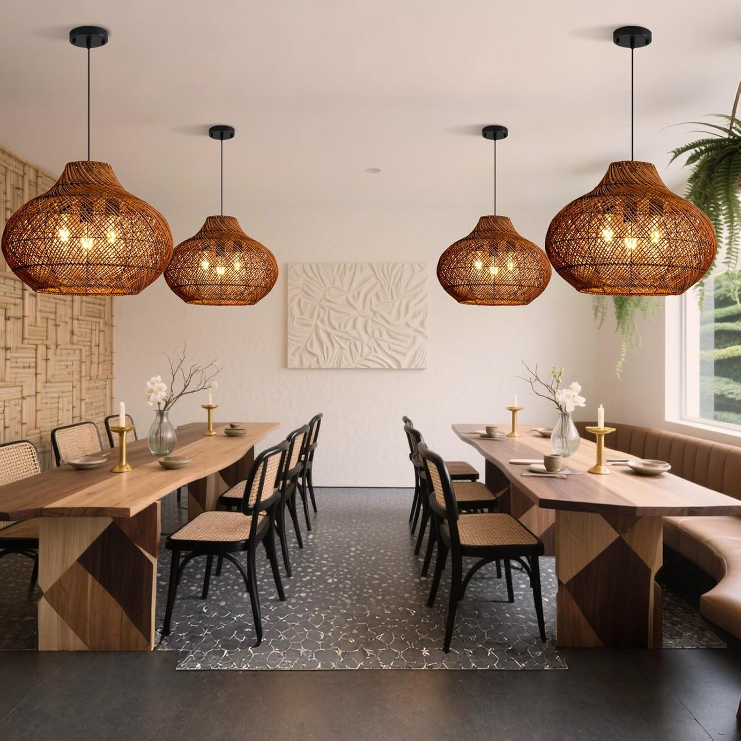 3-Light Dark Brown Rattan Pendant Light,18.9" Rustic Hanging Light,Round Curry Wicker Pendant Light Hand-Woven Rattan Chandelier for Workplace Dining Living Bedroom Kitchen Farmhouse