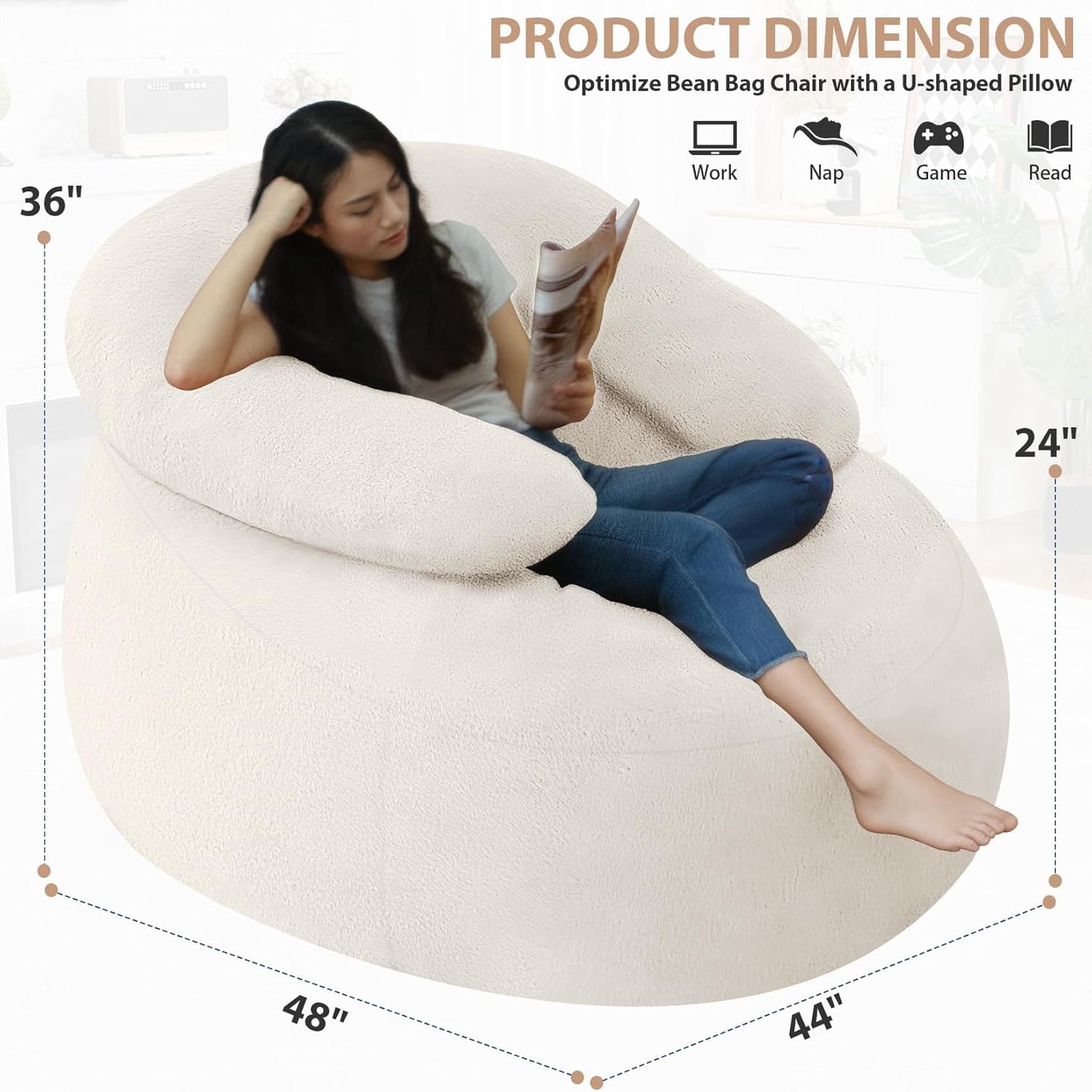 HABUTWAY Bean Bag Chair with U-Shaped Pillow for Adult and Kids Big BeanBag Chair with Filling Ultra Soft Faux Fur Couch Chair with Washable Cover for Living Room Bedroom Office, Beige & Beige