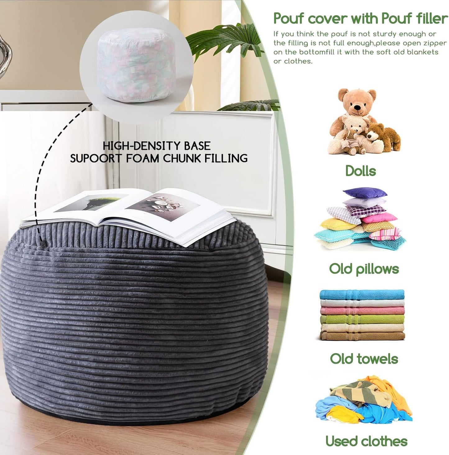 HIGOGOGO Round Stuffed Pouf Ottoman, Corduroy Poufs with Foam Chunk Filling, Furry and Fluffy Pouf Foot Stool Storage Ottoman, 26 X 18 Floor Poufs Foot Rest for Living Room, Dark Grey
