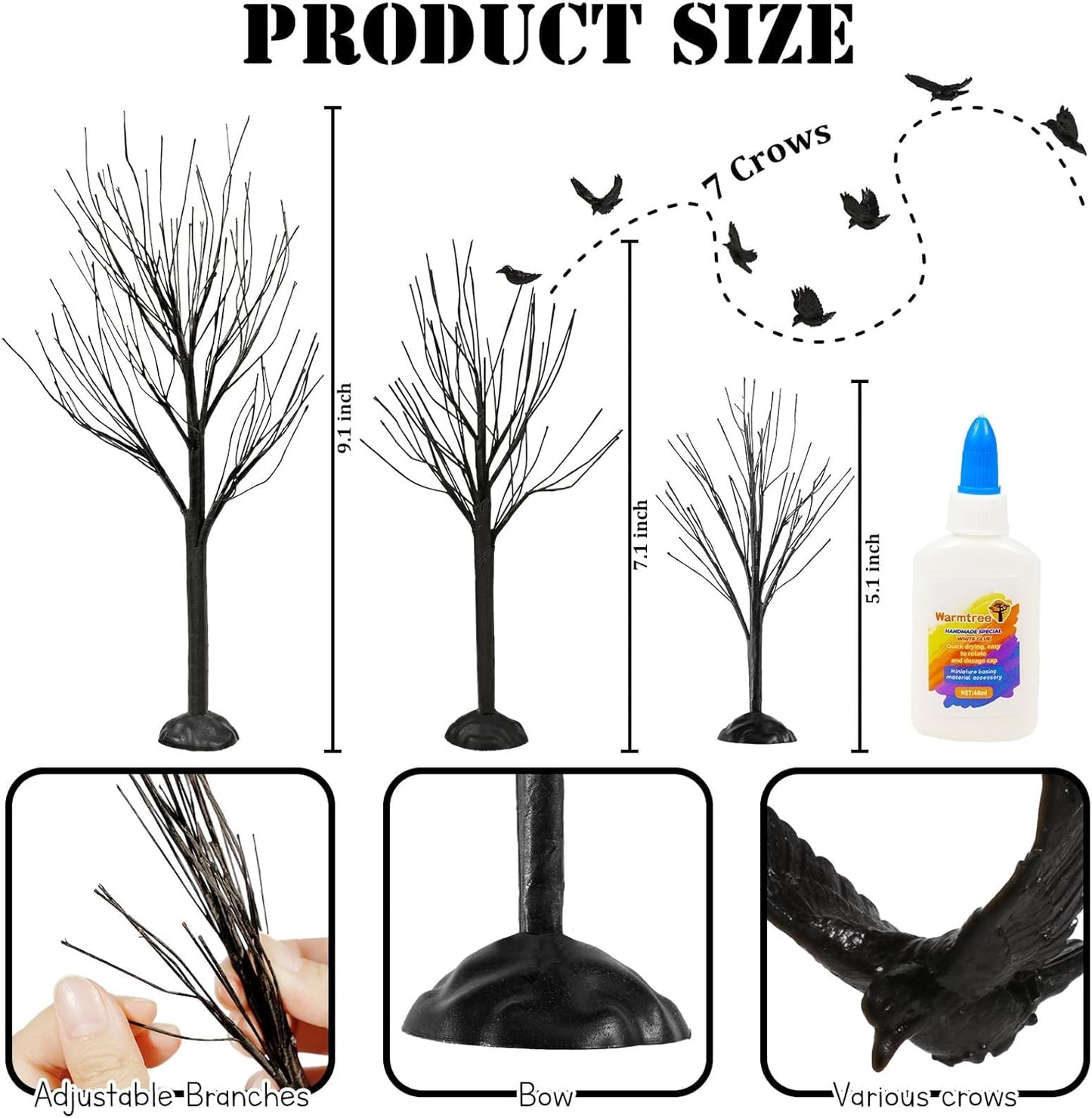 Warmtree 6 Pcs Halloween Village Trees Mini Decor Tree Artificial Tabletop Branch Trees, Halloween Village Accessories with Crows Figurine for Holiday Home Garden Office Festival Decor