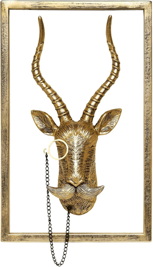 Animal Heads Wall Decor (Includes Metal Frame) Resin Animals Sculptures Head Wall Hanging Decoration Gold vintage Wall Sculpture for Living Room Bedroom Office(Antelope)