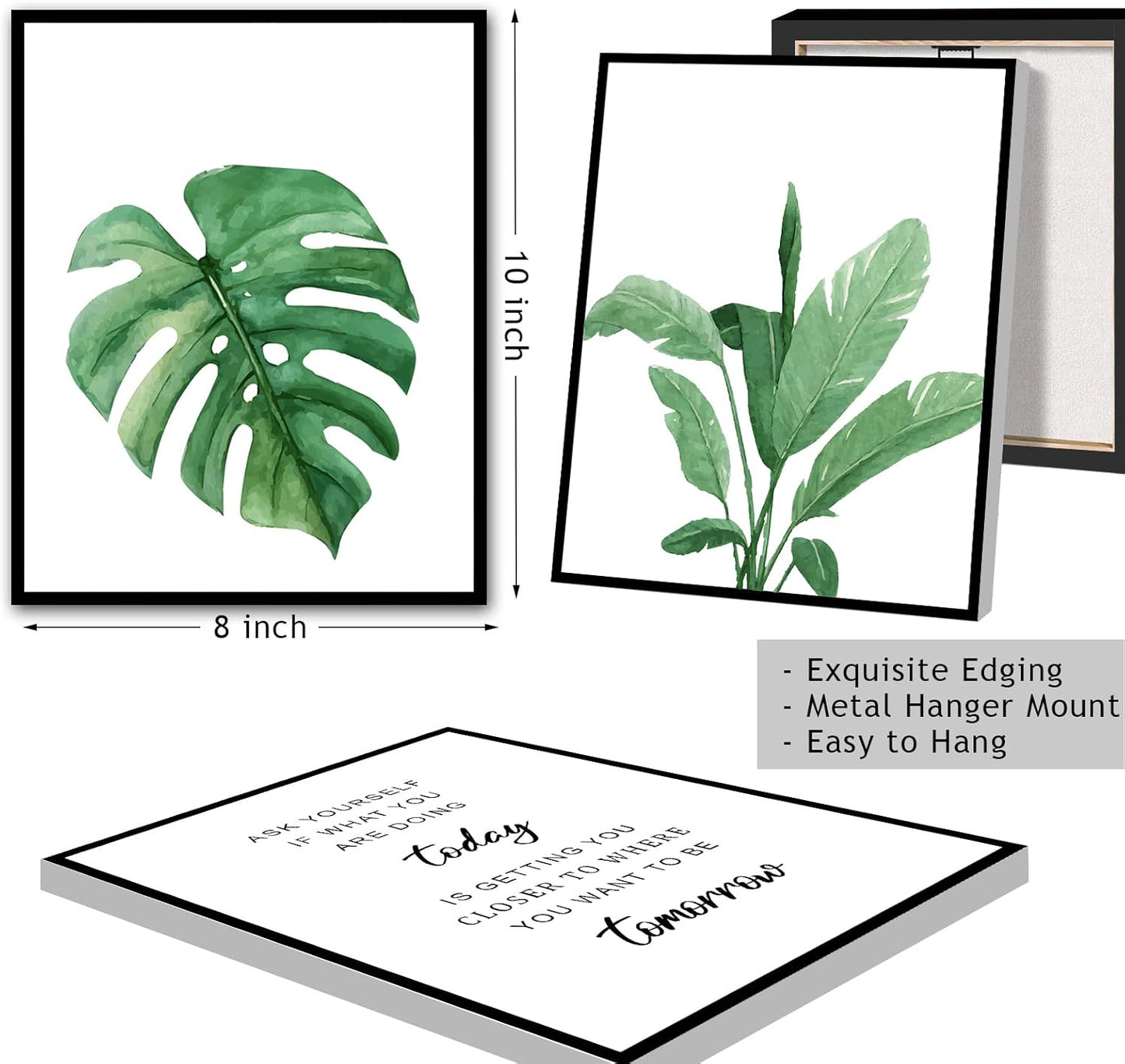 KIOSSUT FRAMED Tropical Botanical Plant Canvas Wall Art, Watercolor Green Leaf Plant Wall Decor With Inspirational Quotes, 8X10in, Framed)