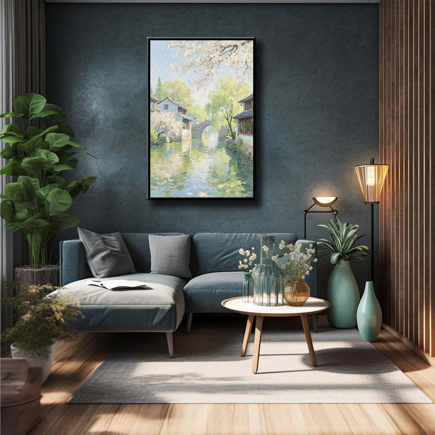 Small bridge stream house Jiangnan style landscape poster suitable for living room bedroom office natural oil painting poster