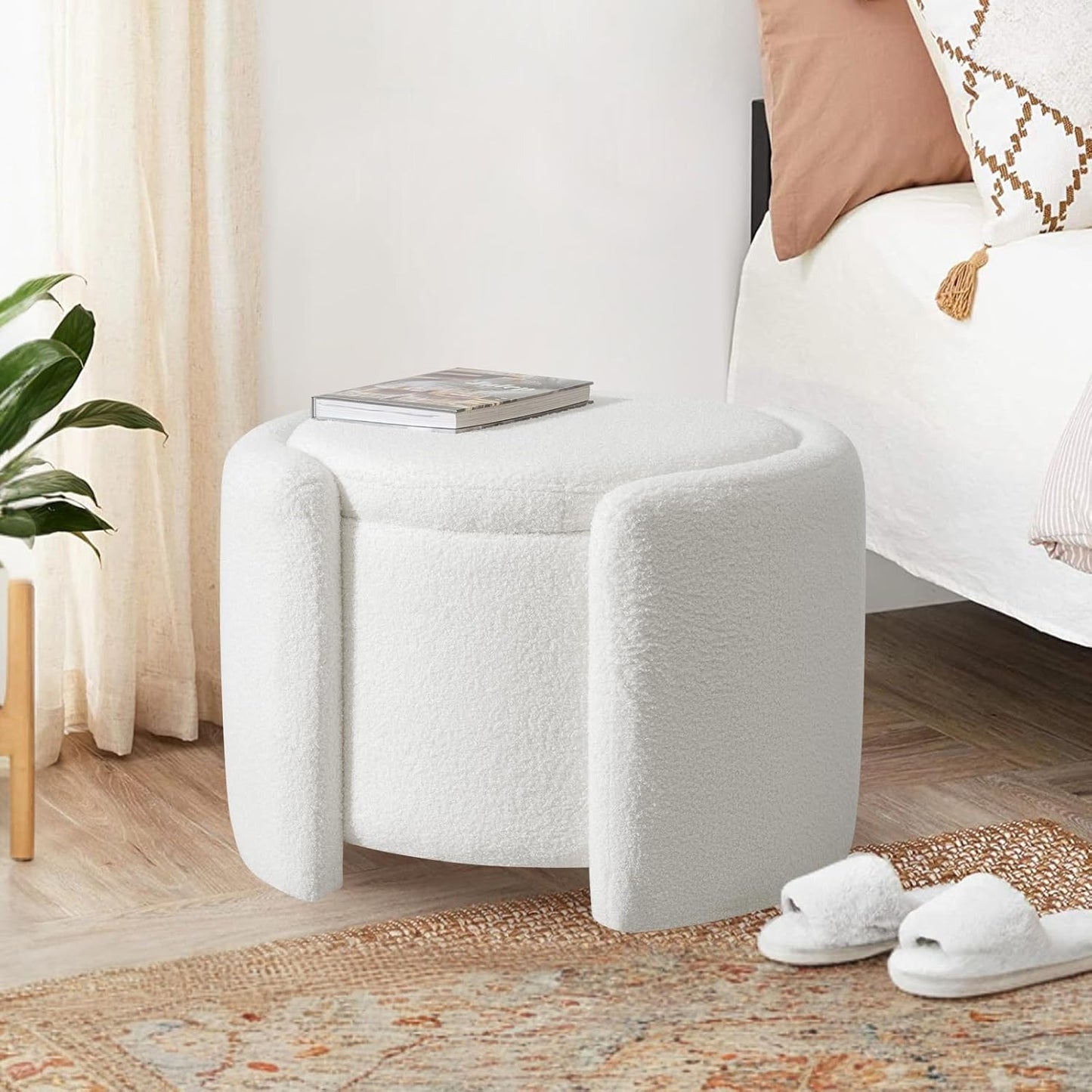 Furniliving Upholstered Button Tufted Round Ottoman, Ottoman with Storage, Teddy Footrest Stool, Removable Lid Convenient Footstools, Bedroom Ottomans with Storage for Vanity, Living Room, White