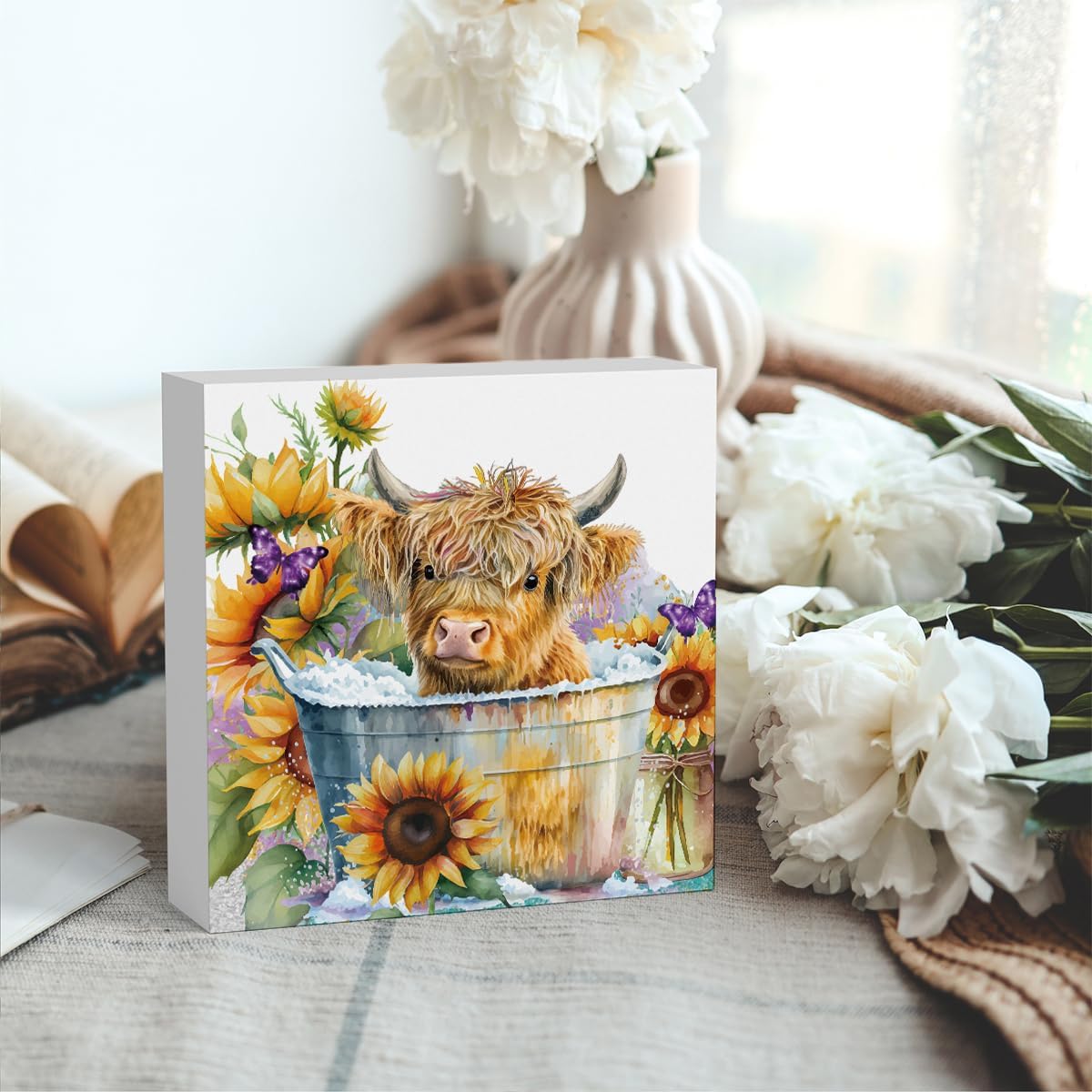 Highland Cow Funny Bathroom Decor, Highland Cow Gifts, Highland Cow Decor,Highland Cow Nursery Decor,Wooden Box Decor Sign for Home Farmhouse Office Living Room Table Shelf Tiered Desk