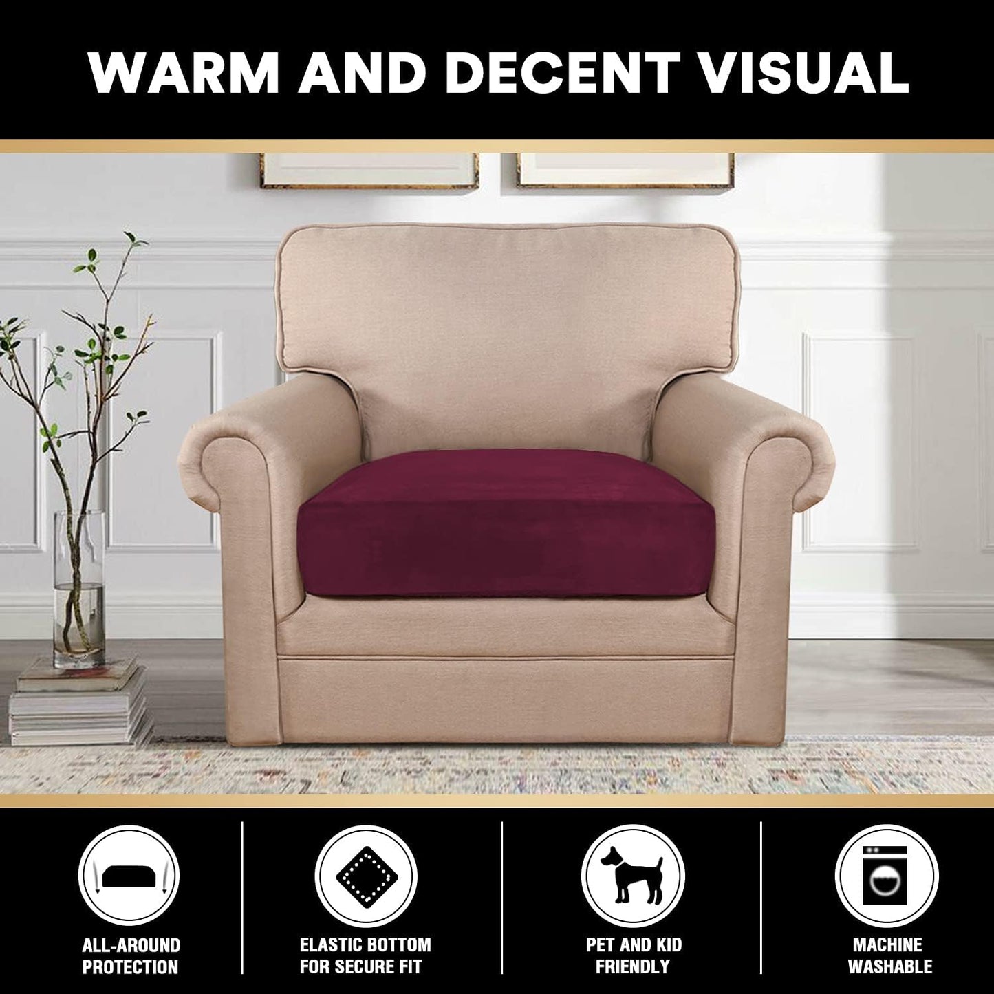 PrinceDeco Stretch Velvet Couch Cushion Cover,Soft Cushion Slipcover for Chair Cushion Furniture Protector Seat Cushion Sofa Cover Width Up to 29.5", Burgundy