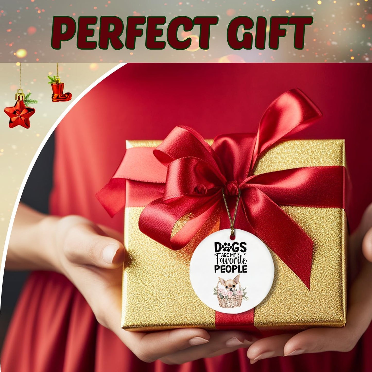 Chihuahua Ornament, Chihuahua Ornaments for Christmas Tree, Chihuahua Gifts for Women, Dogs are My Favorite People Chihuahua Ceramic Ornaments, Floral Chihuahua Decorative Hanging Ornament