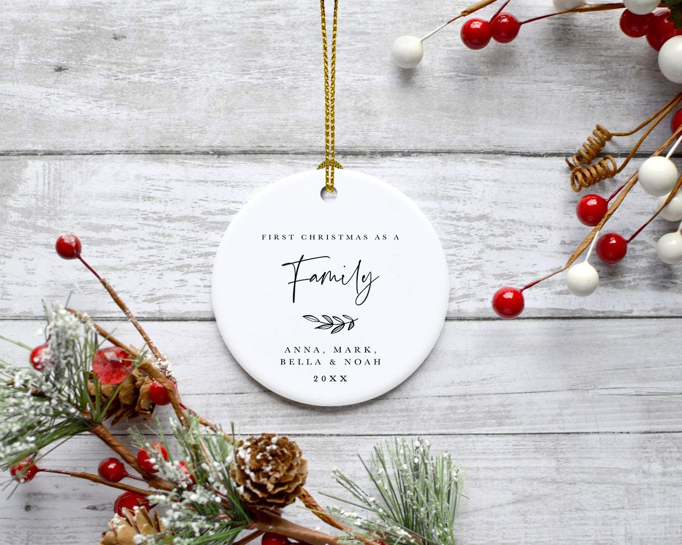 Andaz Press Personalized Round Ceramic Porcelain Christmas Tree Ornament Keepsake Collectible Gift, Our First Christmas as a Family, Anna, Mark, Olivia & Noah 2024, Antique Handdrawn, 1-Pack