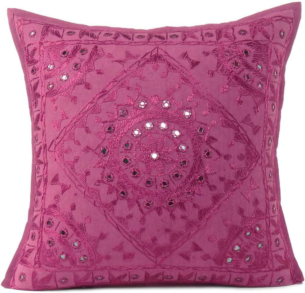 Eyes of India Embroidered Decorative Boho Throw Pillow Cover with Mirrors, Handmade Bohemian Accent Cushion Case for Sofa Couch Bedroom Living Room (Burgundy, 16" x 16")