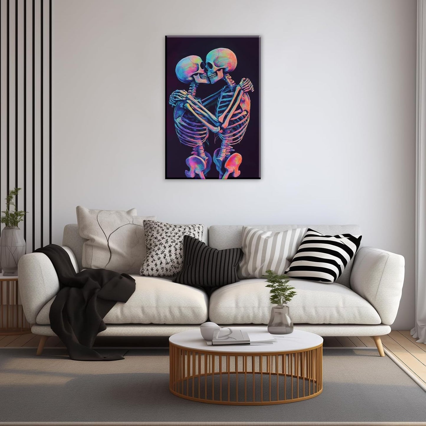 Skeleton Wall Art Kissing Skull Art Poster Skeleton Lover Picture Print On Canvas Abstract Horrible Theme Painting Framed Artwork Living Room Decor(Artwork-3,28"x42")