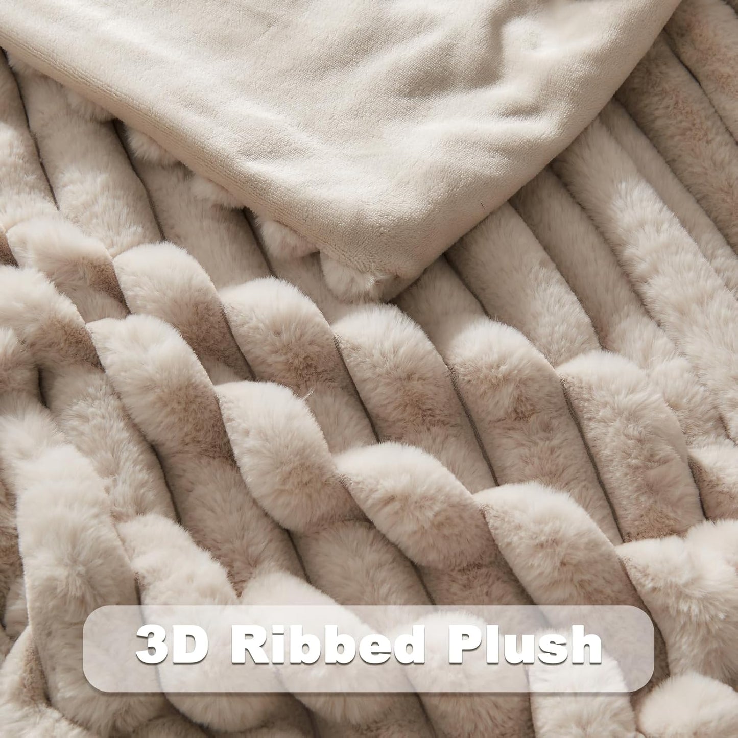 NEWCOSPLAY Faux Fur Twin Blanket Linen 3D Ribbed Plush Thick Warm Blanket for Couch Sofa Bed 850GSM (Linen Ribbed, Twin(60"x80"))