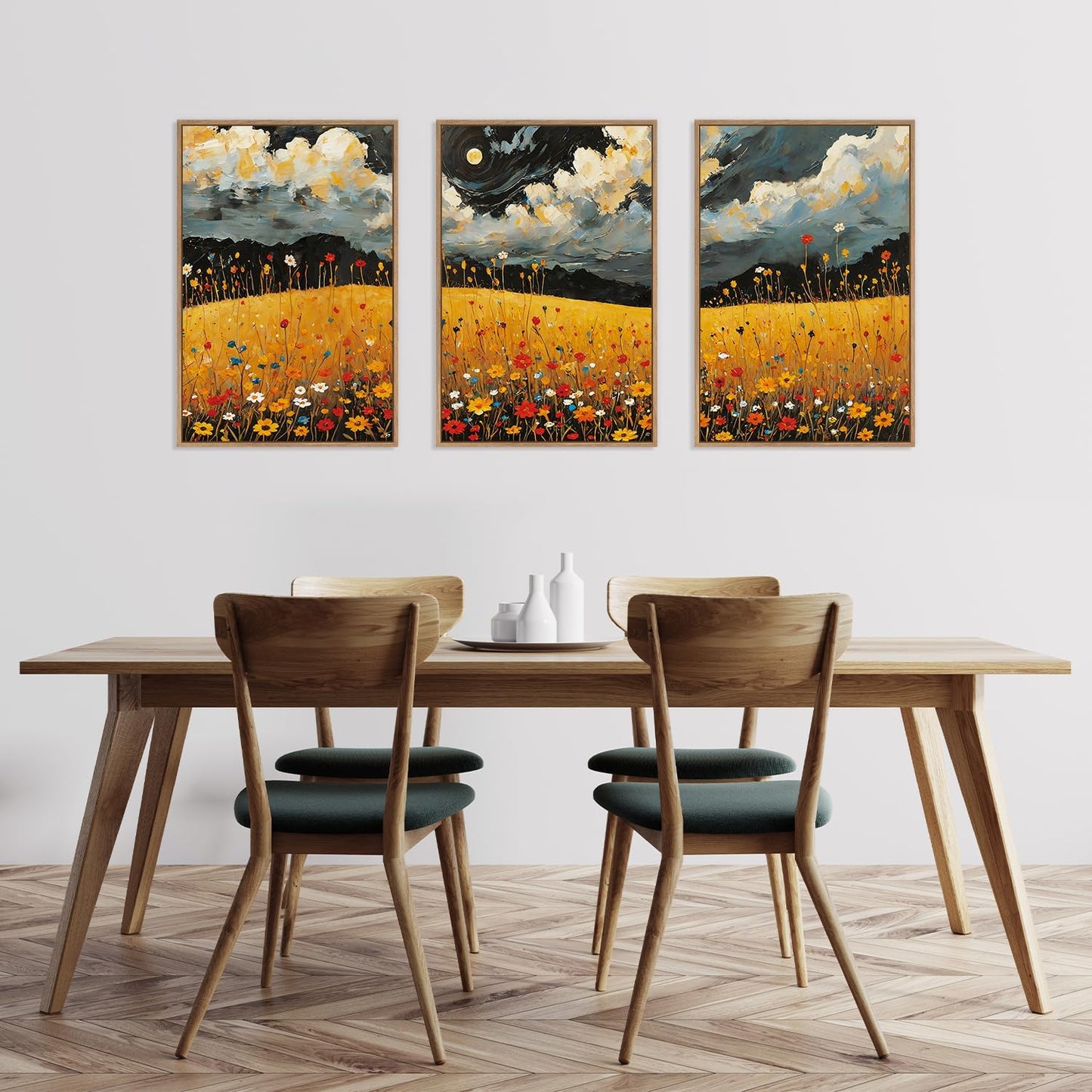 HLNIUC Mystical Moonlight Framed Wall Art Set,Night Moon Wildflower Canvas Wall Decor,Full Moon Mountain Flower Art Print,Large Golden Floral Landscape Wall Painting for Living Room,Office - 16”x24”x3