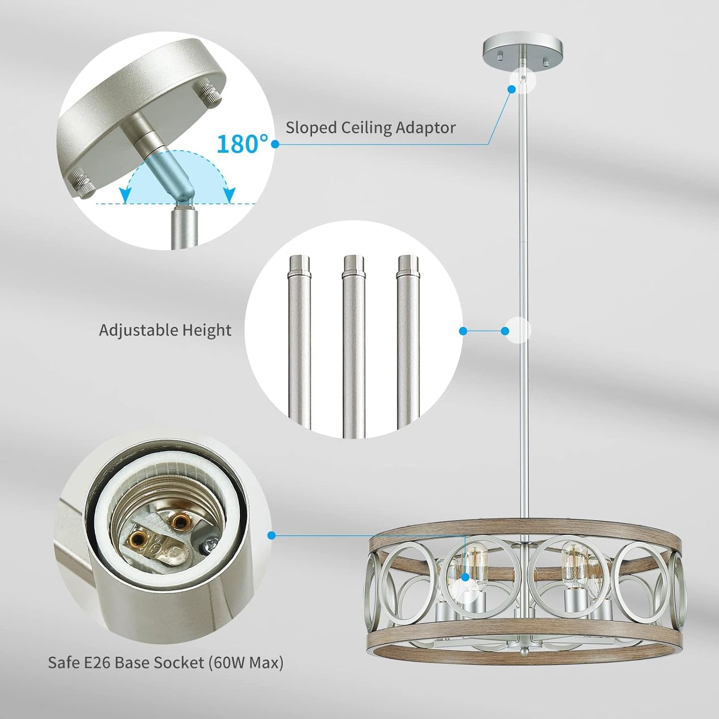 XINGQI 21.7'' Modern Farmhouse Chandelier Drum Pendant Lighting Fixture Hanging Ceiling Lamp for Living Dining Room Over Table, 5 Lights Antique Wood Grain Brushed Nickel with Round Metal