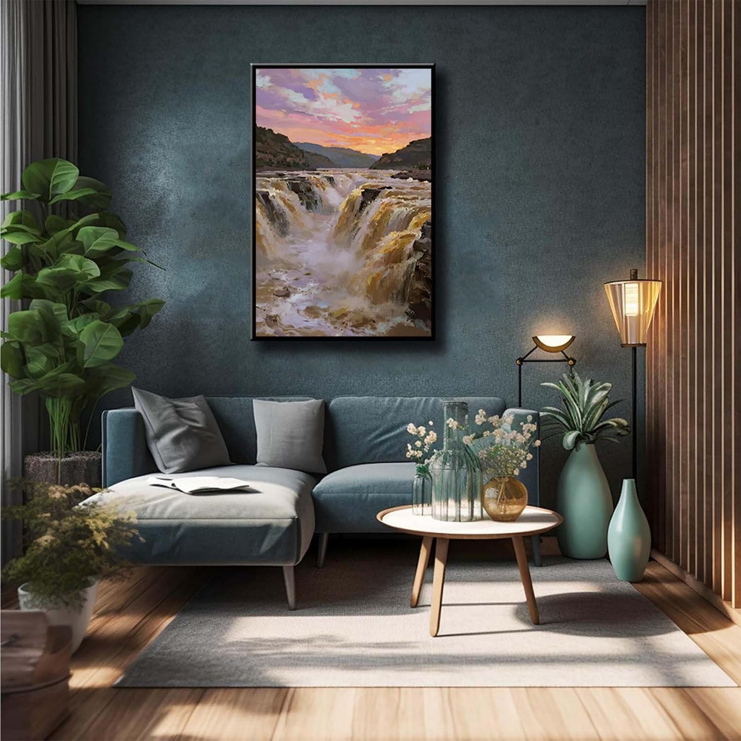 The surging waterfall scenery in the canyon is suitable for posting in the living room bedroom and office landscape posters