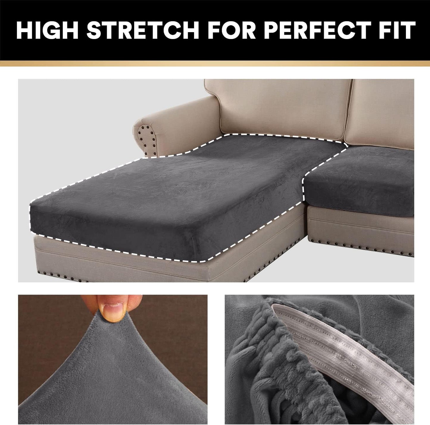 PrinceDeco Sectional Couch Covers 4 Pieces Velvet Separate Couch Cushion Covers L Shape for Left/Right Chaise Sectional Couch with Elastic Bottom (3 Seater + 1 Chaise,Grey)