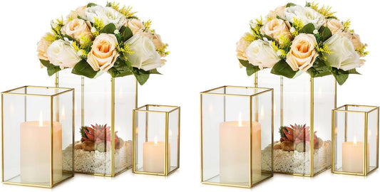 Glass Hurricane Candle Holder Large - Hewory 6pcs Gold Rectangle Flower Holders Centerpiece for Table, Tall Floor Square Pillar Candle Lantern for Wedding, Anniversary, Party, Fireplace, Dining Room
