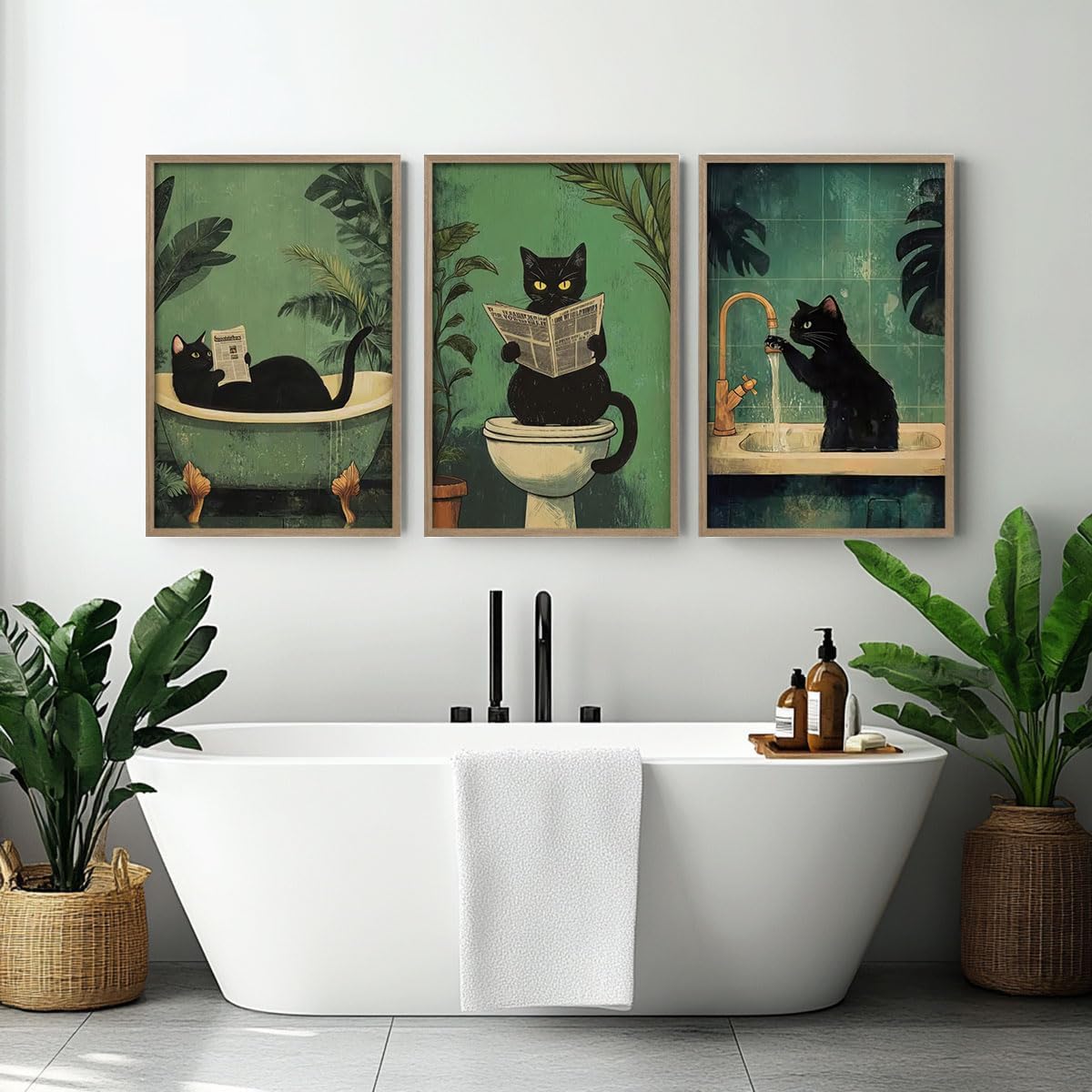 3Pcs Wooden Frame Cute Black Cat Bathroom Wall Art Modern Style Canvas Prints Funny Posters Pictures Decorative Paintings Artworks Suitable for Living Room Bedroom Bathroom Gallery Style Design 12x16In