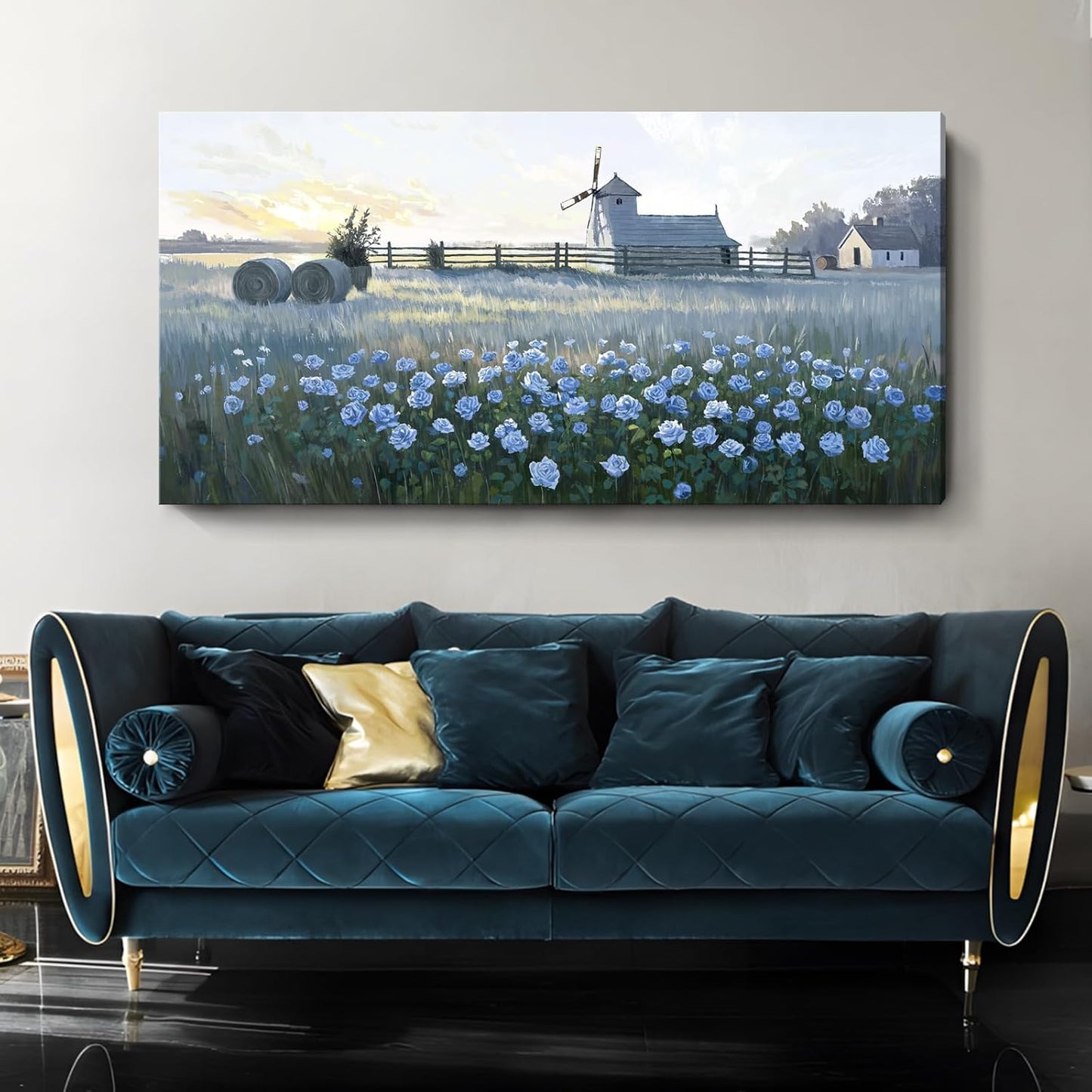 amatop Oversized Farmhouse Wall Art – Botanical Picture Flower Blue Rose & Windmill Countryside Scene Canvas Print, Large Floral Landscape Artwork Decor for Living Room Dining Room Hallway 58x29 Inch