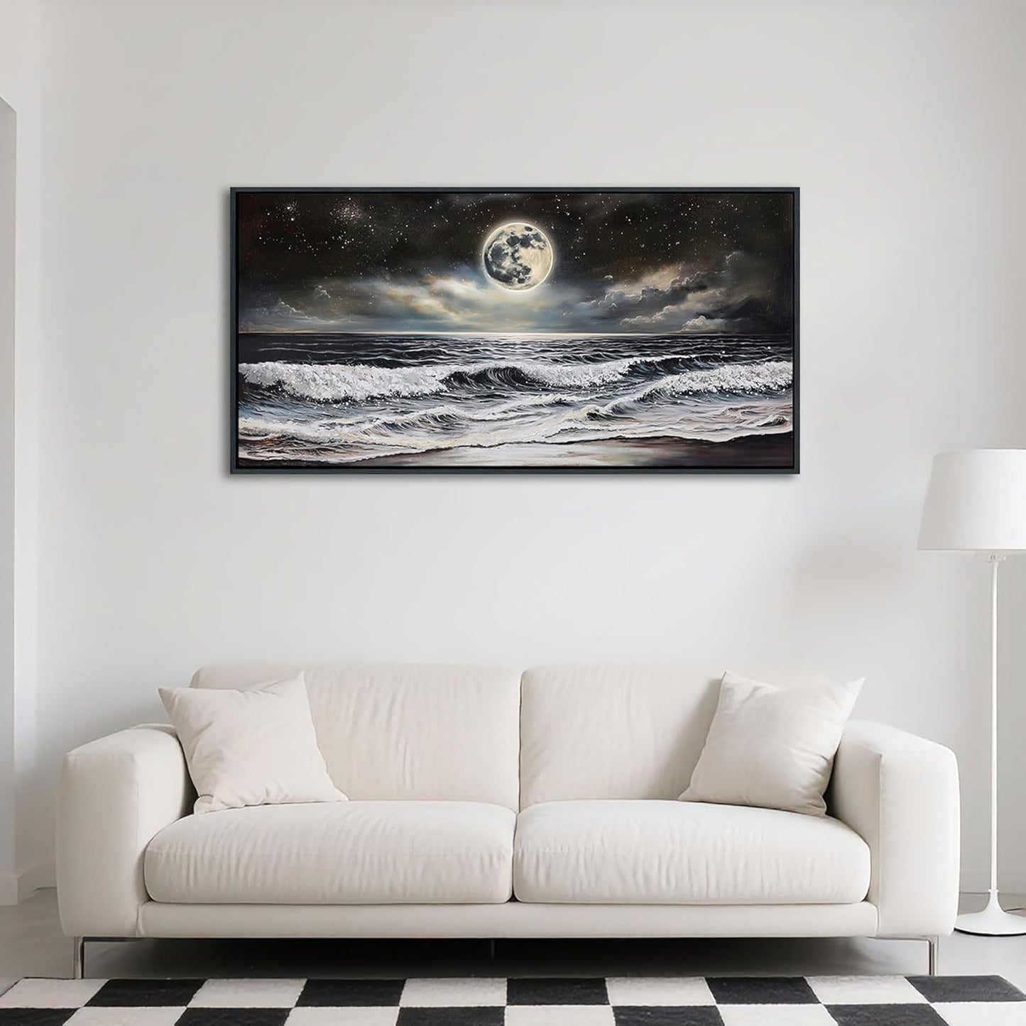 QZQCBLC Black and White Wall Art, Sea Beach Pictures Moon Starry Clouds Ocean Scene Framed Canvas Paintings Artwork for Living room Bathroom Bedroom Home Office Wall Pictures Decor 20x40 IN