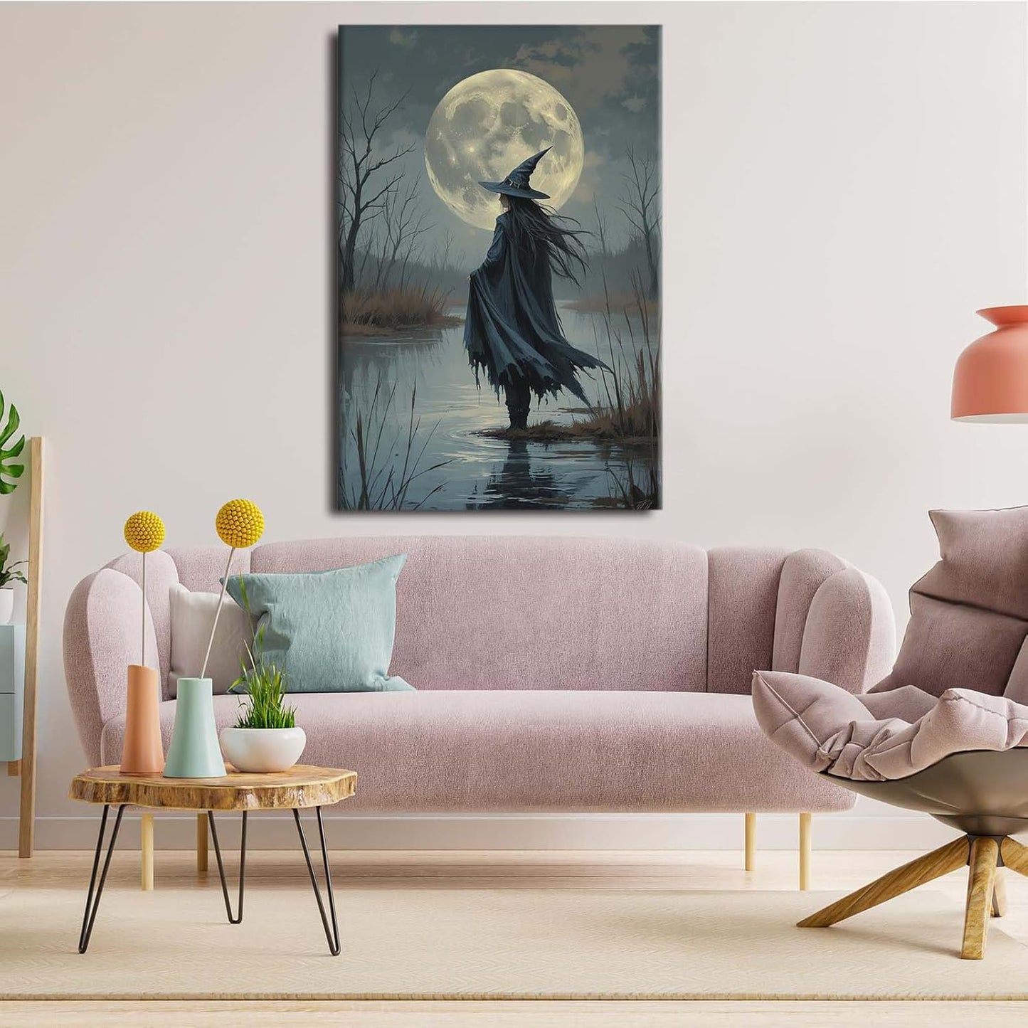 JFHCQJPK Witch in the moonlight magic canvas wall art enchanting Halloween home decor swamp witch silhouette oil painting mysterious gothic aesthetic wall decor print poster32x48in Frameless