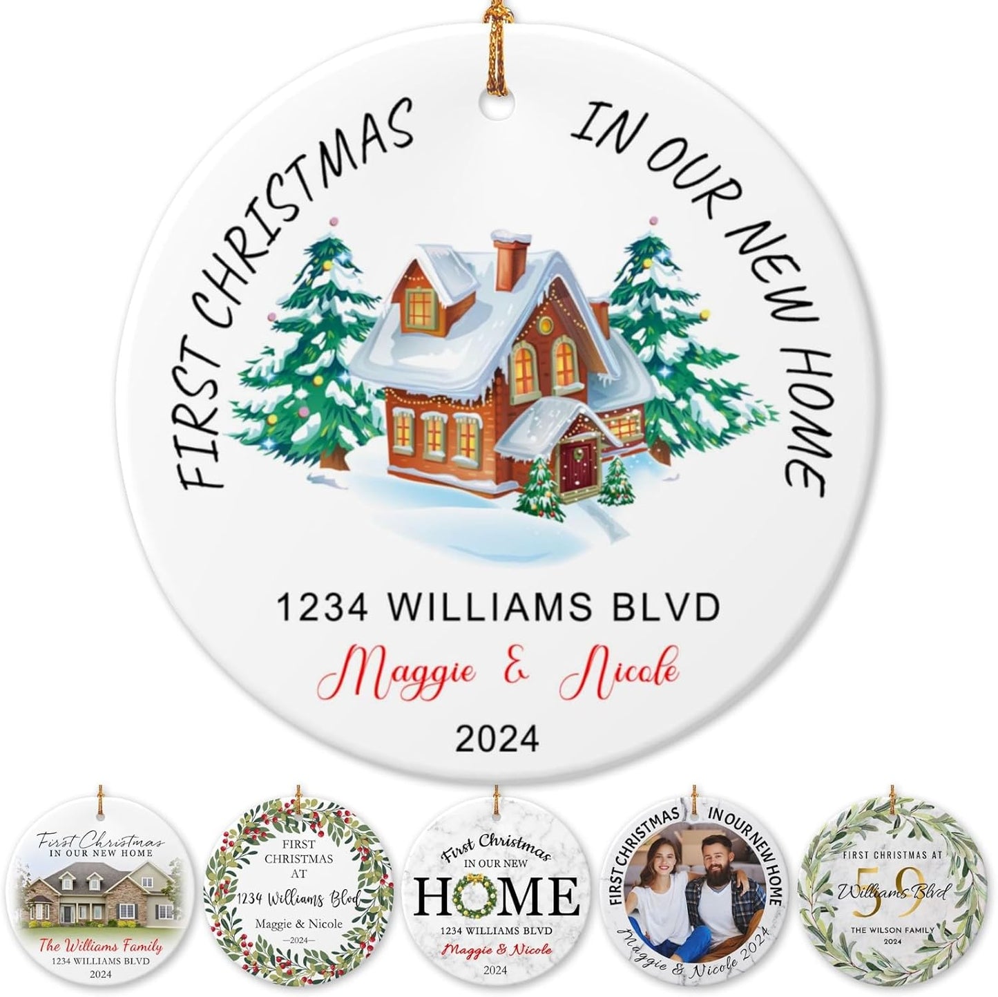 Personalized New Home Ornament 2025 w/Name & Address, Custom First Christmas in Our New Home Ornaments,Double-Sided Ceramic Customized New House Xmas Ornaments