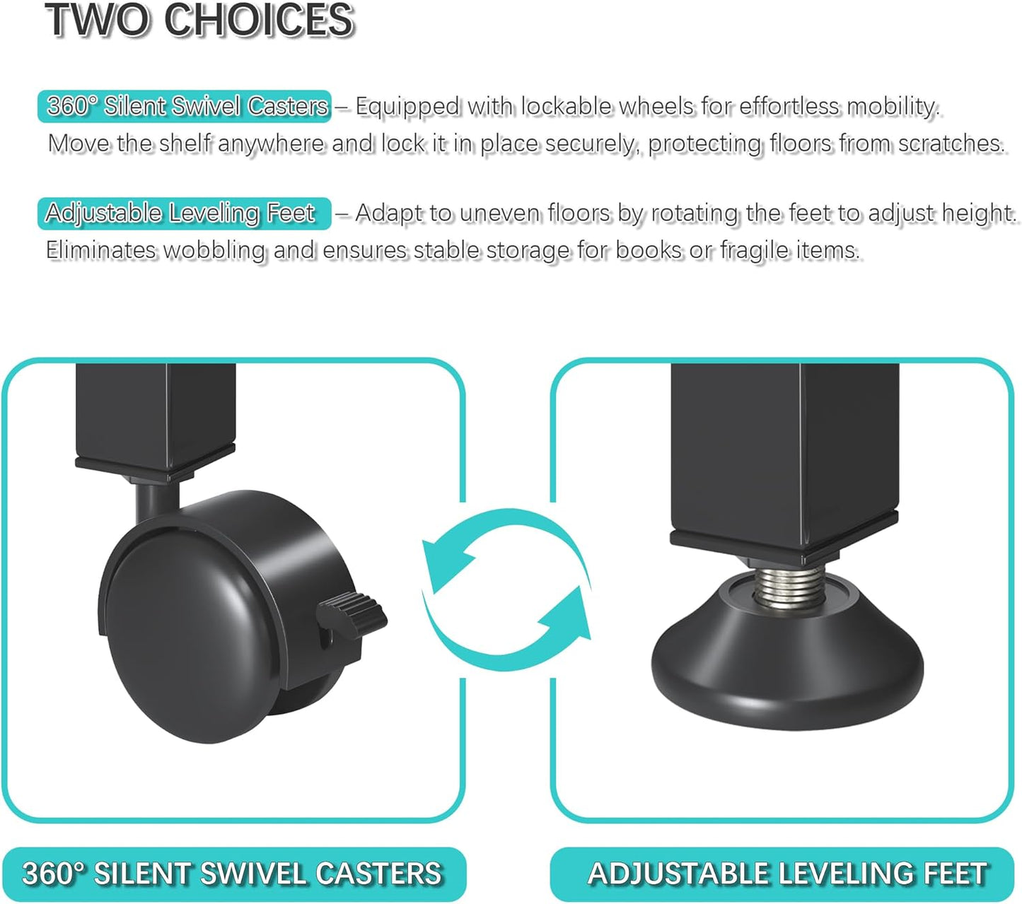 4NM 2 Tiers No-Assembly Folding Bookshelf with Wheels, Portable Rolling Storage Bookcase & Compact Side Table for Living Room, Bedroom, Kitchen, Bathroom (All White)