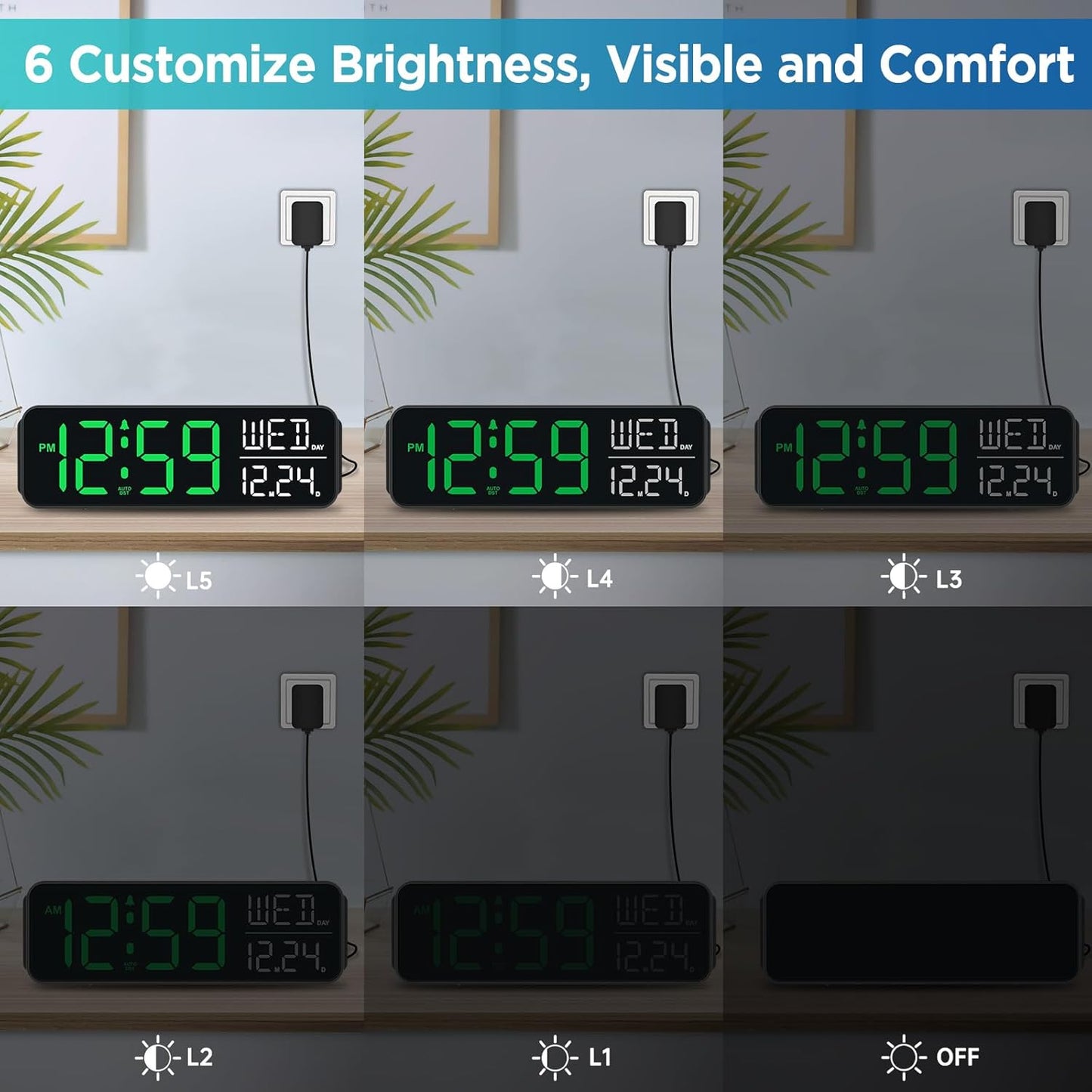 Peakeep Large Display Digital Alarm Clock for Bedrooms, Date Day of Week Desk Table Clocks for Living Room Office, Dimmable Plug in Electric Clock, 5 Volumes, Loud, Auto DST