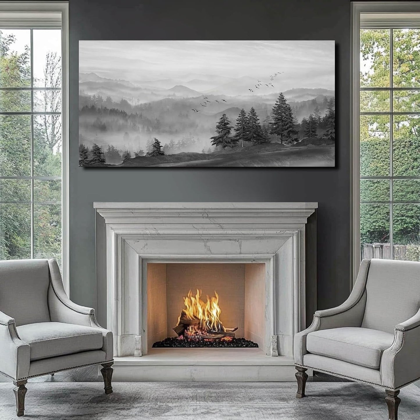 SOUGUAN Grey Wall Decor Foggy Mountain Wall Art Tree and Bird Pictures Artwork for Walls Living Room for Bedroom Kitchen Dining Room Home Office 30x60 Inch